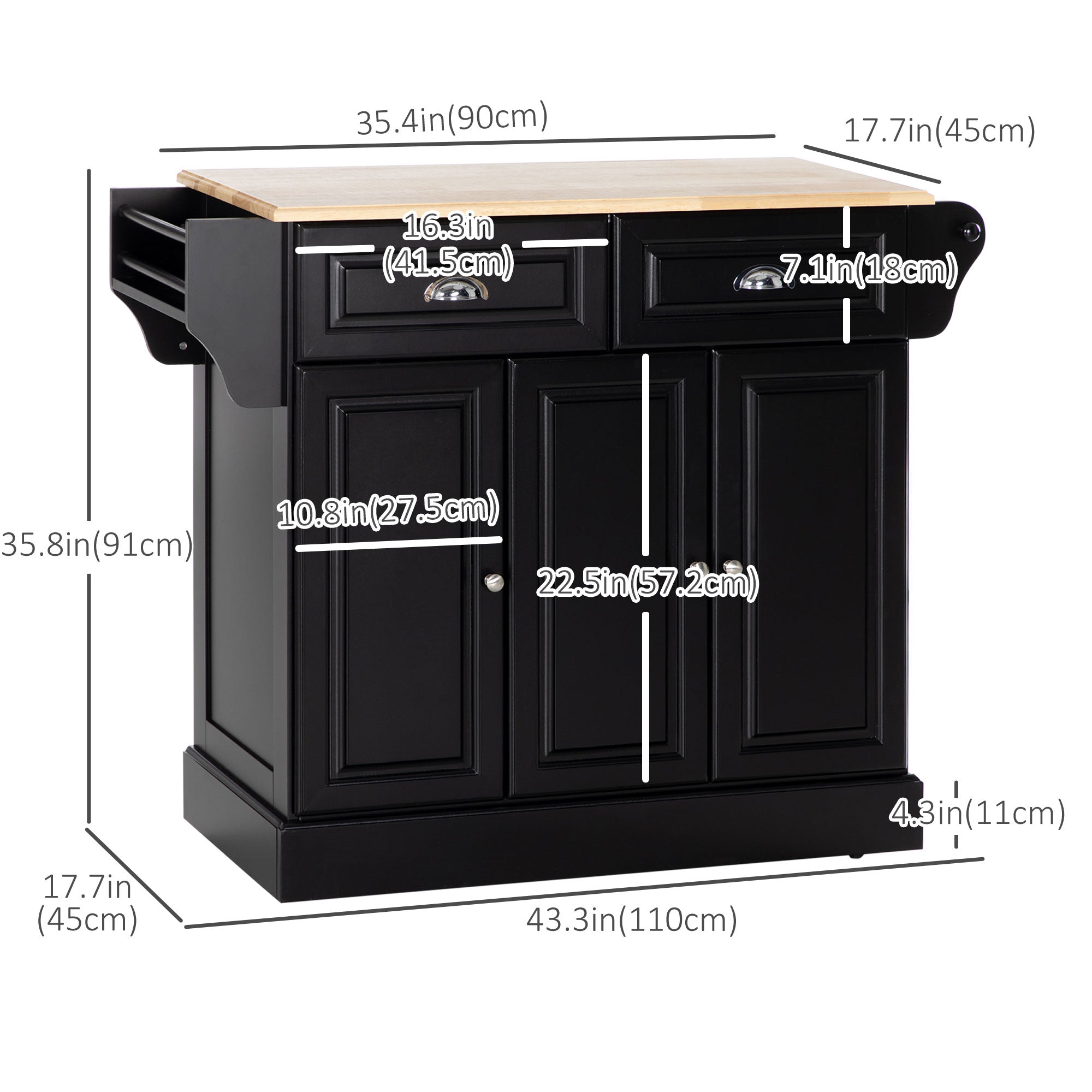 Kitchen Island with Storage Rolling Kitchen Serving Cart with Rubber Wood Top Towel Rack Storage Drawer Cabinet, Black
