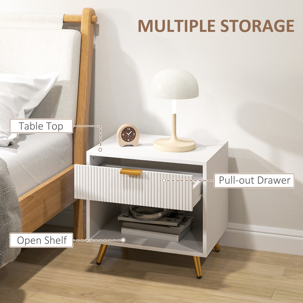Nightstand with Fluted Panel, Bedside Table with Drawer and Open Compartment, Modern Night Table for Bedroom, Black