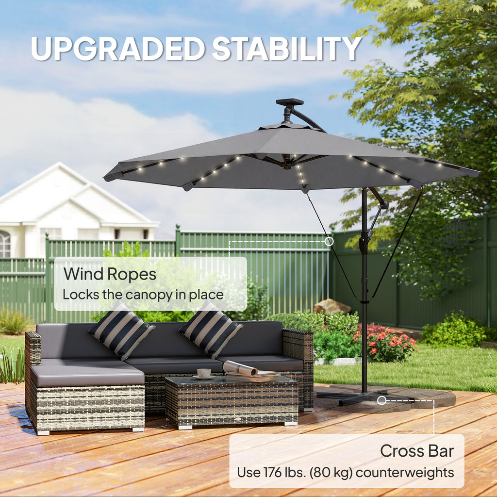 9.7ft Solar LED Cantilever Patio Umbrella with 32 LED Lights, Cross Base, Crank Handle, for Poolside, Deck, Dark Grey