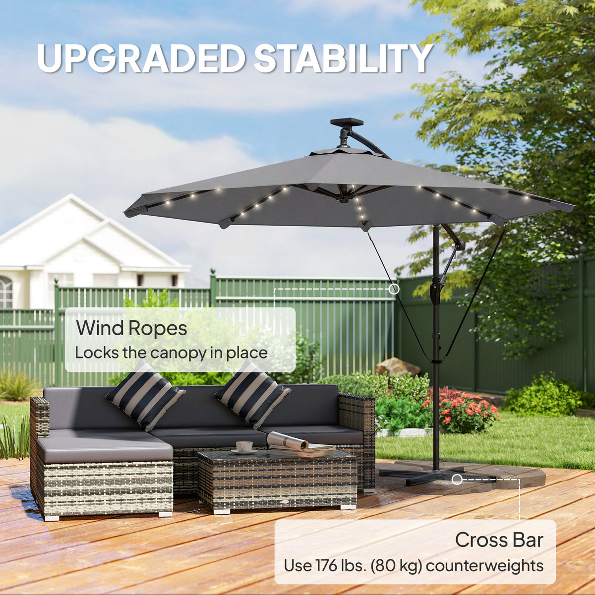 9.7ft Solar LED Cantilever Patio Umbrella with 32 LED Lights, Cross Base, Crank Handle, for Poolside, Deck, Dark Grey