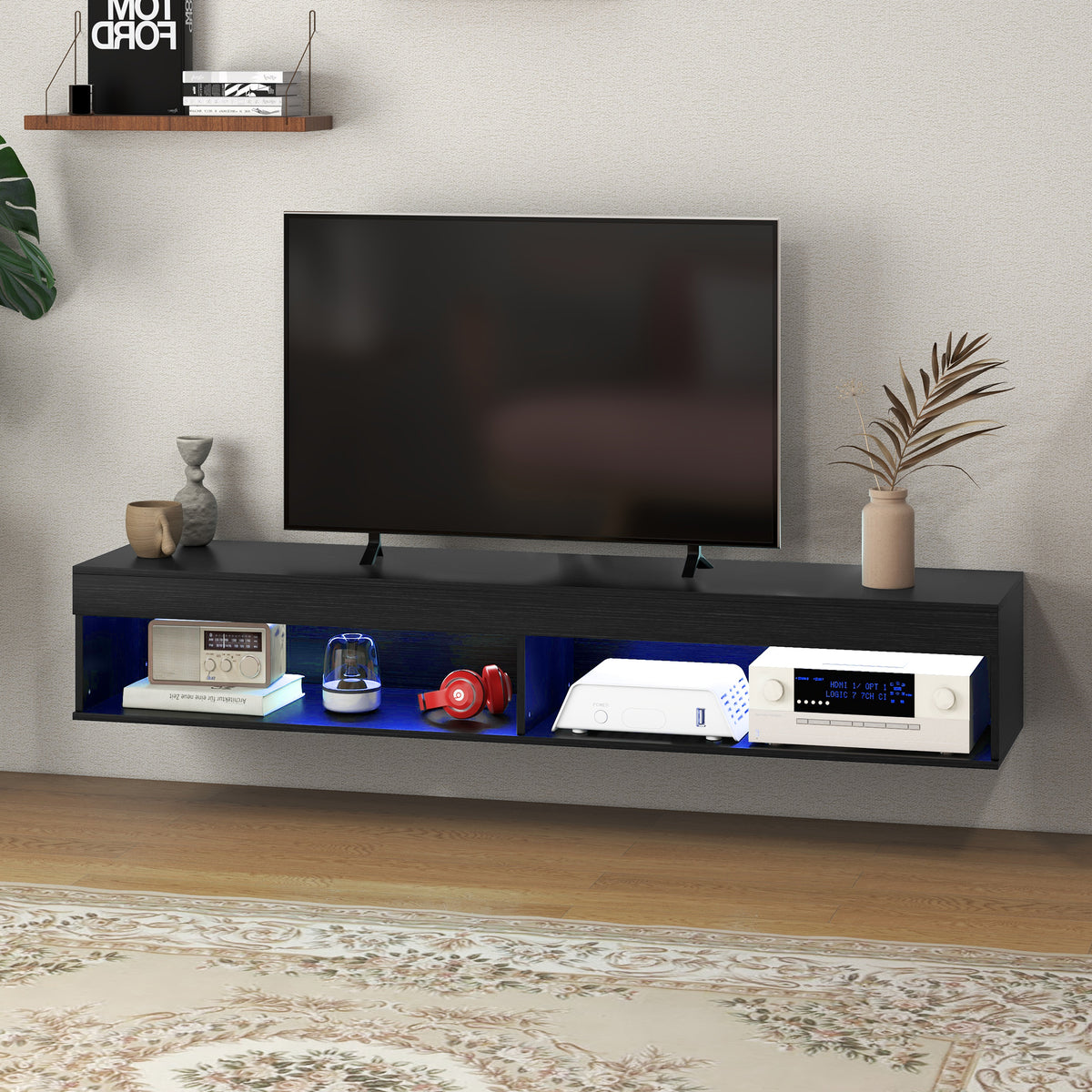 Modern Wall Mounted TV Stand with Storage and LED Lights for TVs up to 75", Floating TV Shelf for Living Room, Black