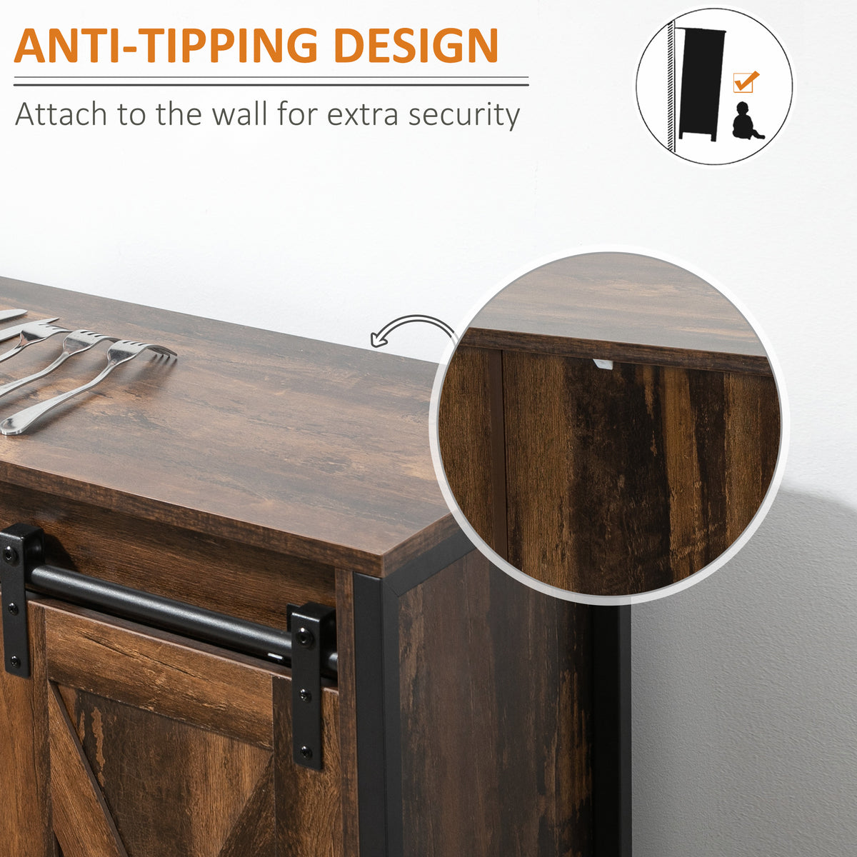 Industrial Buffet Cabinet, Kitchen Sideboard with Sliding Barn Doors, Three Drawers and Adjustable Shelves, Rustic Brown