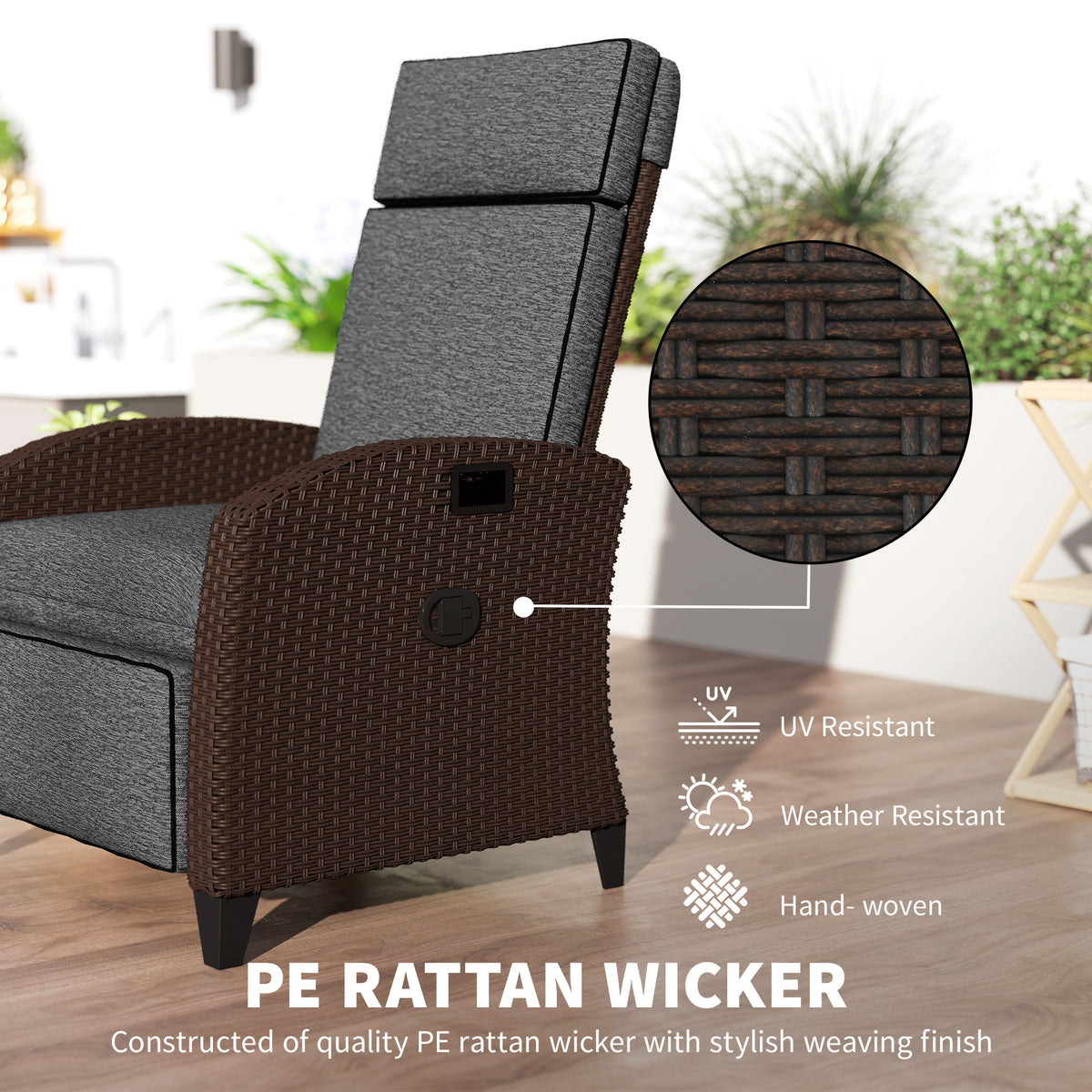 Outdoor Recliner Chair with Adjustable Backrest, Cushion, Side Tray, Dark Grey