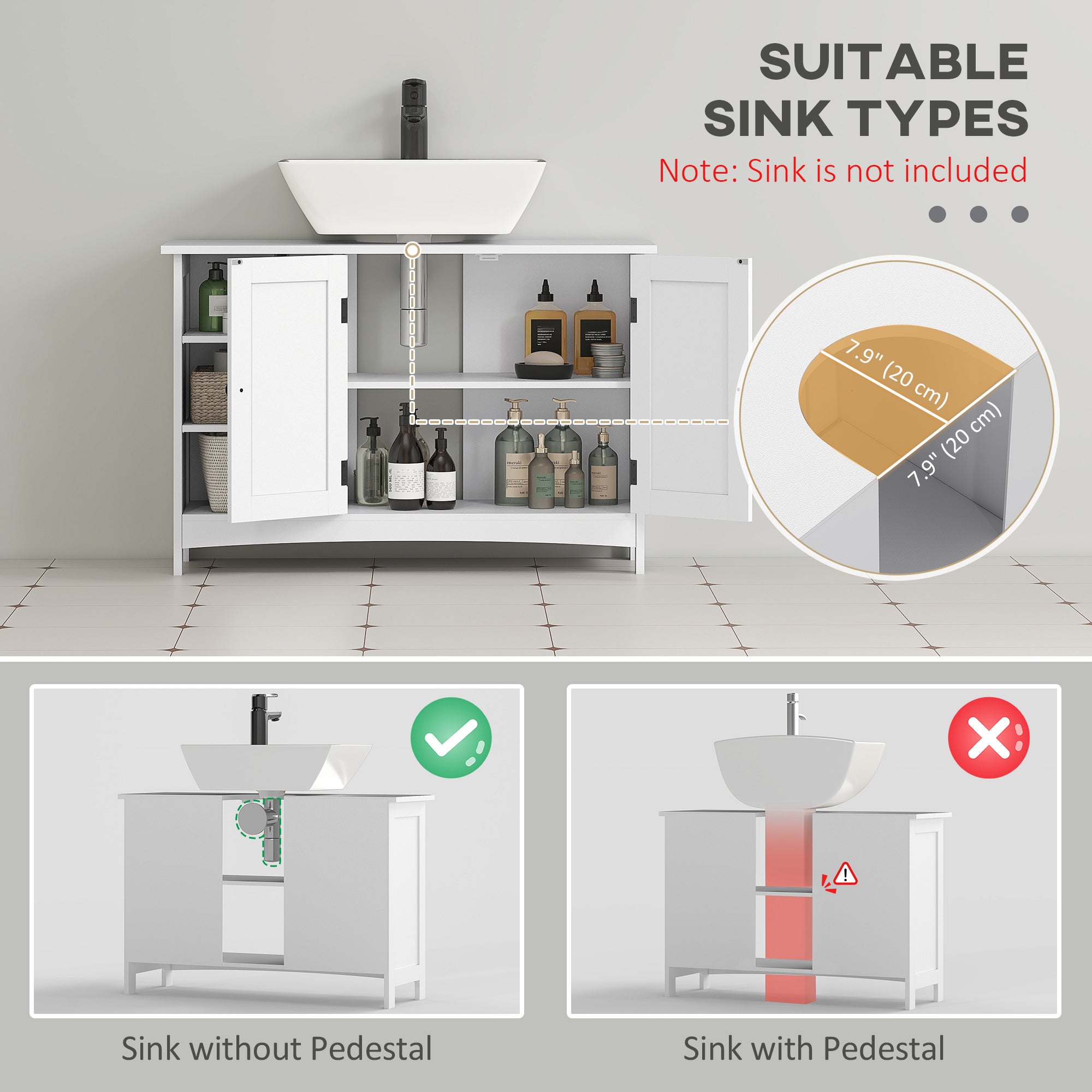 Bathroom Vanity Cabinet, Under Sink Storage Cabinet with Double Doors, Open and Adjustable Shelves, White