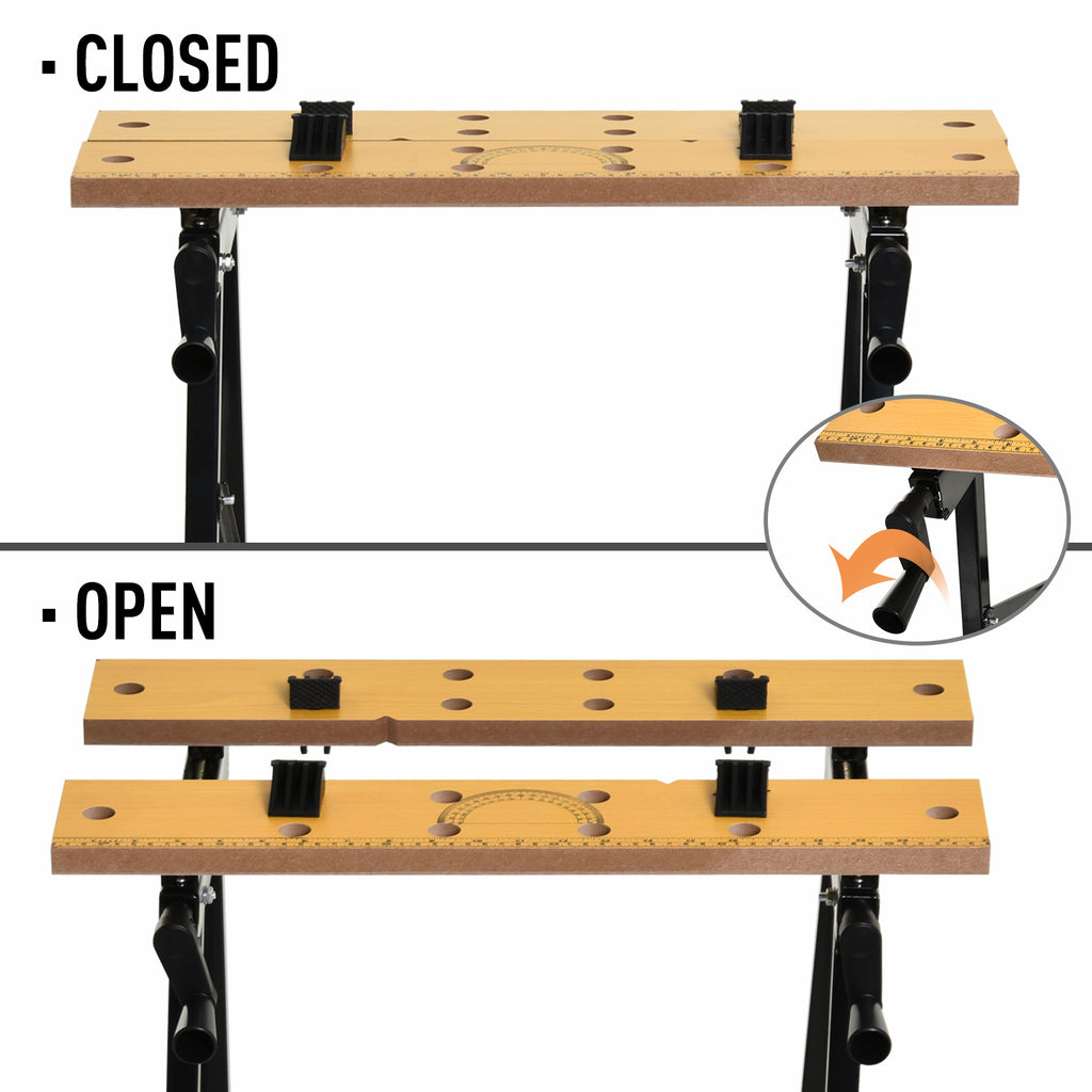Foldable Work Bench w/ 4 Adjustable Clamps, Carpenter Saw Table, MDF Surface, Steel Frame, Portable Work Bench 100kg/220lbs Capacity, Black