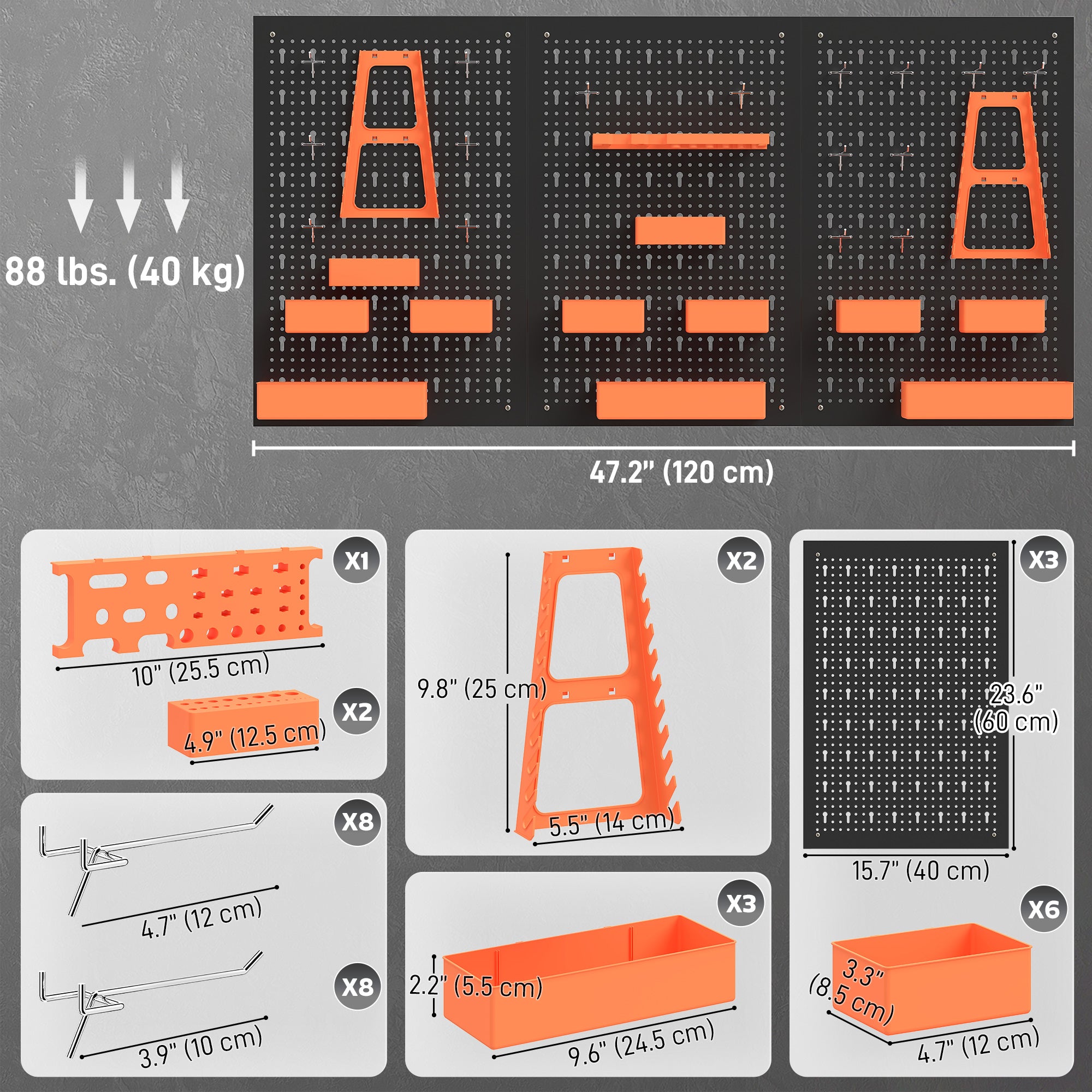 33 Piece Metal Pegboard Panels, Peg Board with 16 Hooks, Bins and Racks, Black and Orange