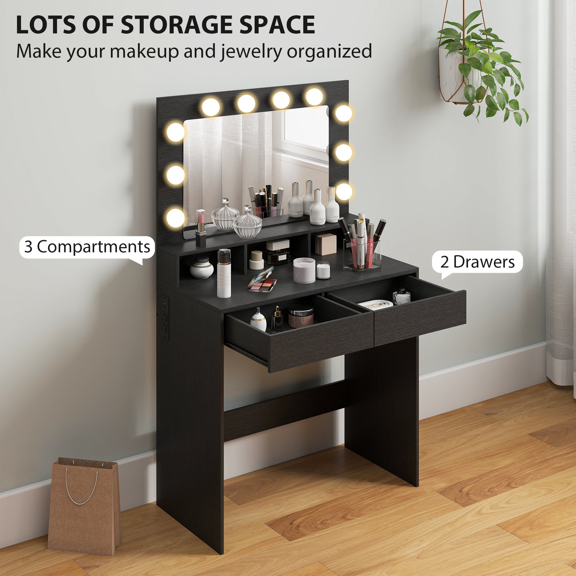 Vanity Table, Makeup Dressing Table with LED Lighting Mirror, Charging Station and Drawers for Bedroom, Black