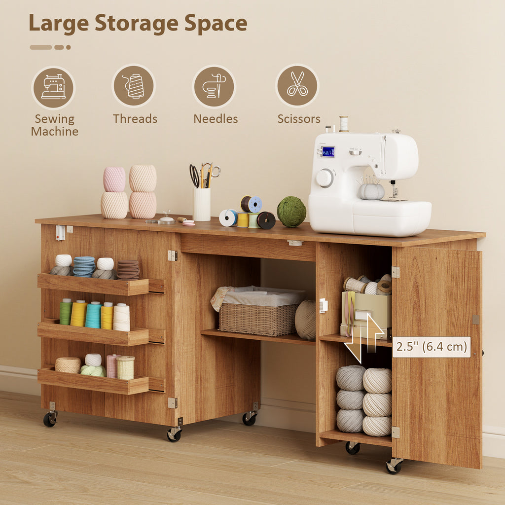 Sewing Machine Table with Drop Leaf, Folding Craft Table with 2 Doors and Adjustable Shelf for Small Spaces, Brown