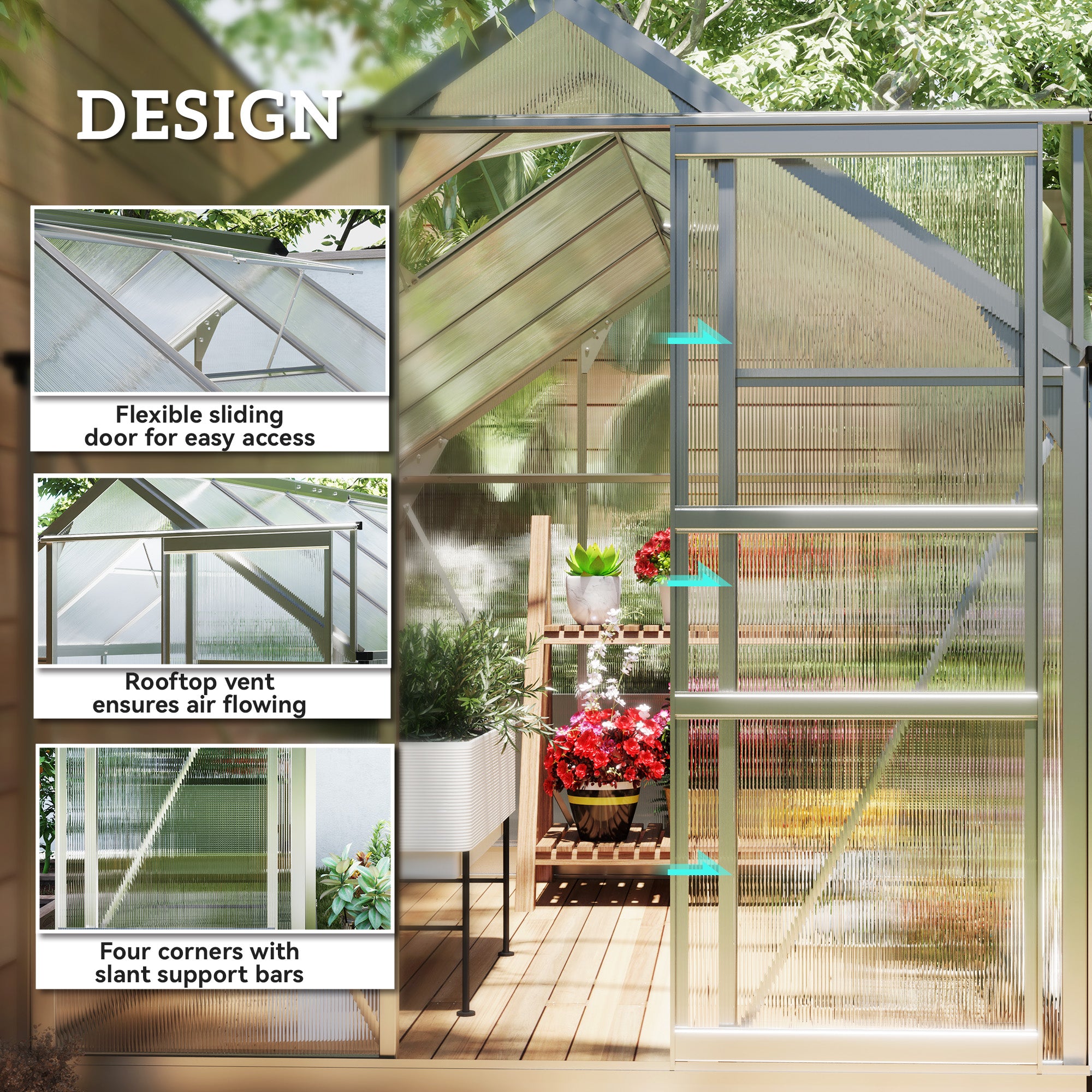 دفيئة بولي كربونات 6' × 10' × 6.6'، طقم دفيئة قائم بذاته للحديقة، لنمو النباتات، إطار من الألومنيوم المجلفن مع مزاريب للمطر، وفتحات تهوية وباب منزلق، فضي