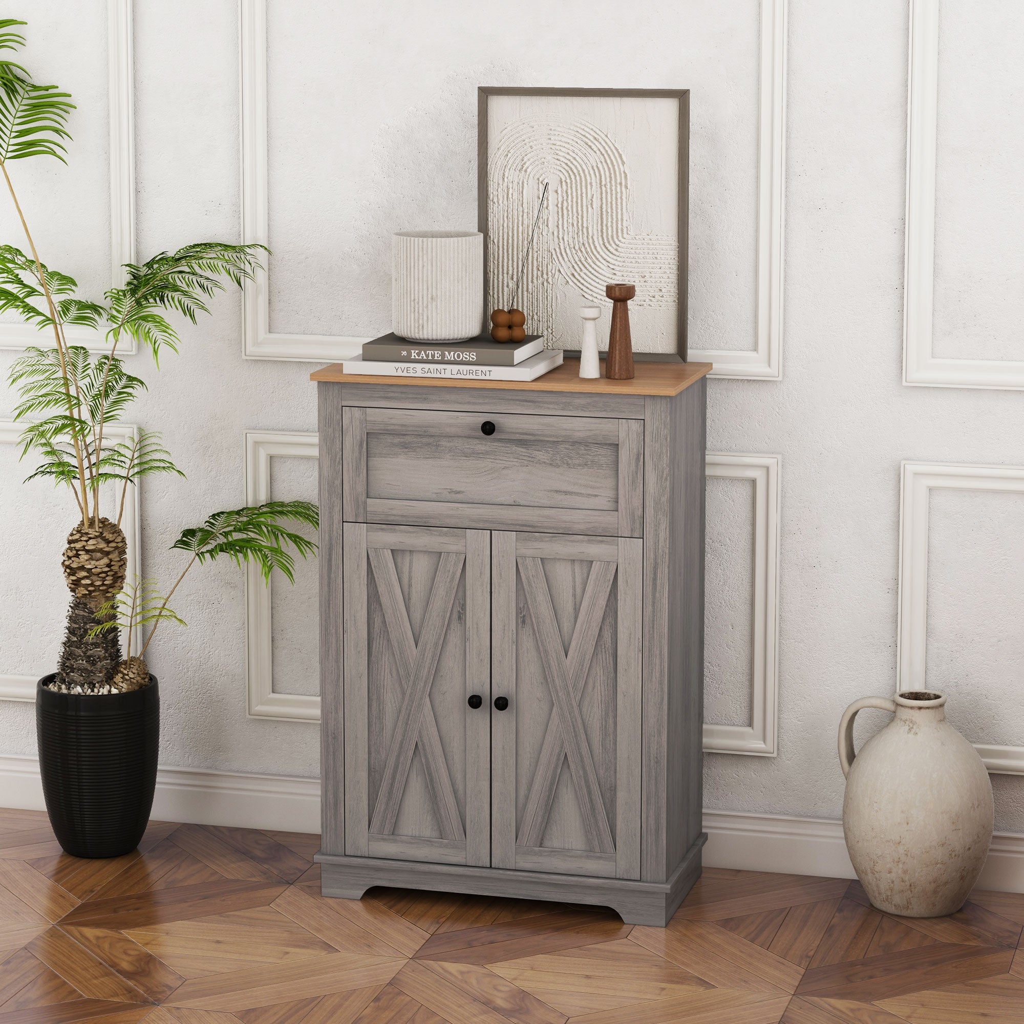 Storage Cabinet Farmhouse Sideboard Storage Cabinet with Doors and Drawer for Kitchen, Living Room, Grey Wash