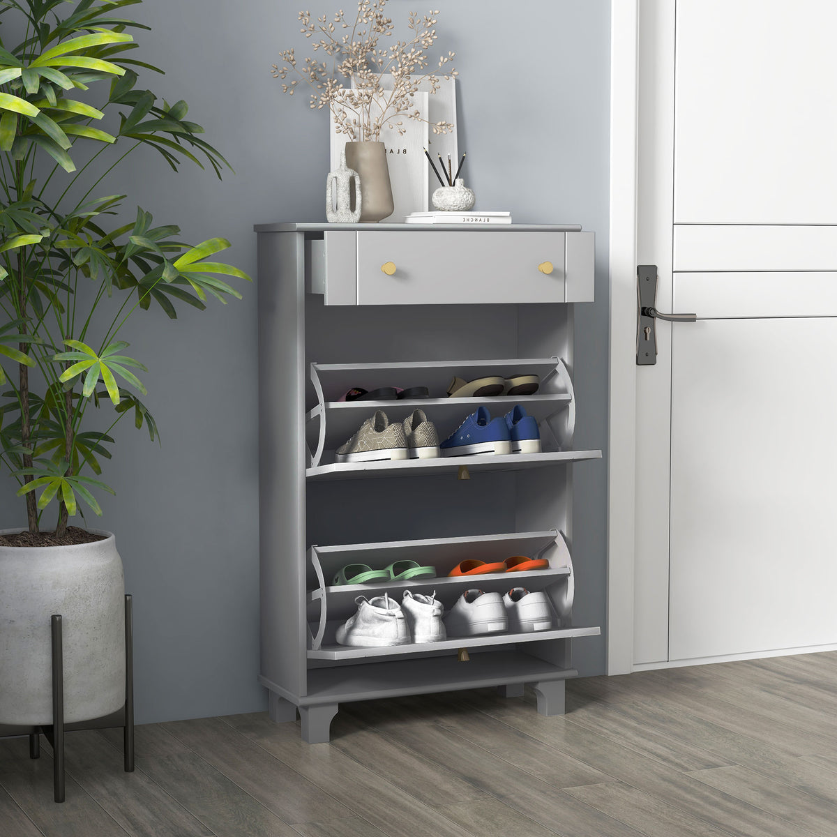 Slim Shoe Storage with 2 Flip Drawers and Adjustable Shelves Shoe Cabinet Organizer for 8 Pair,  White