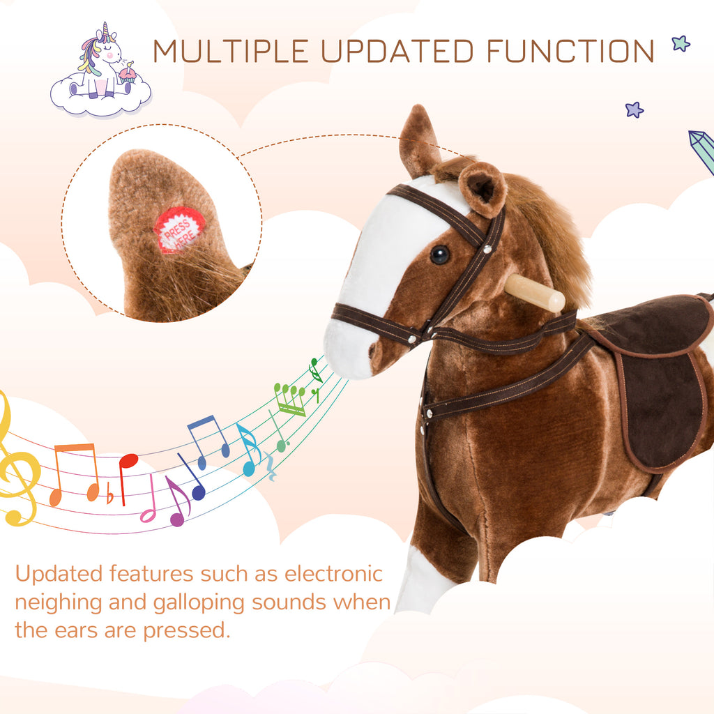 Qaba Baby Rocking Horse, Children Plush Animal Rocker, Kid Ride on Toy with Realistic Sound,  Handle Grip, Brown