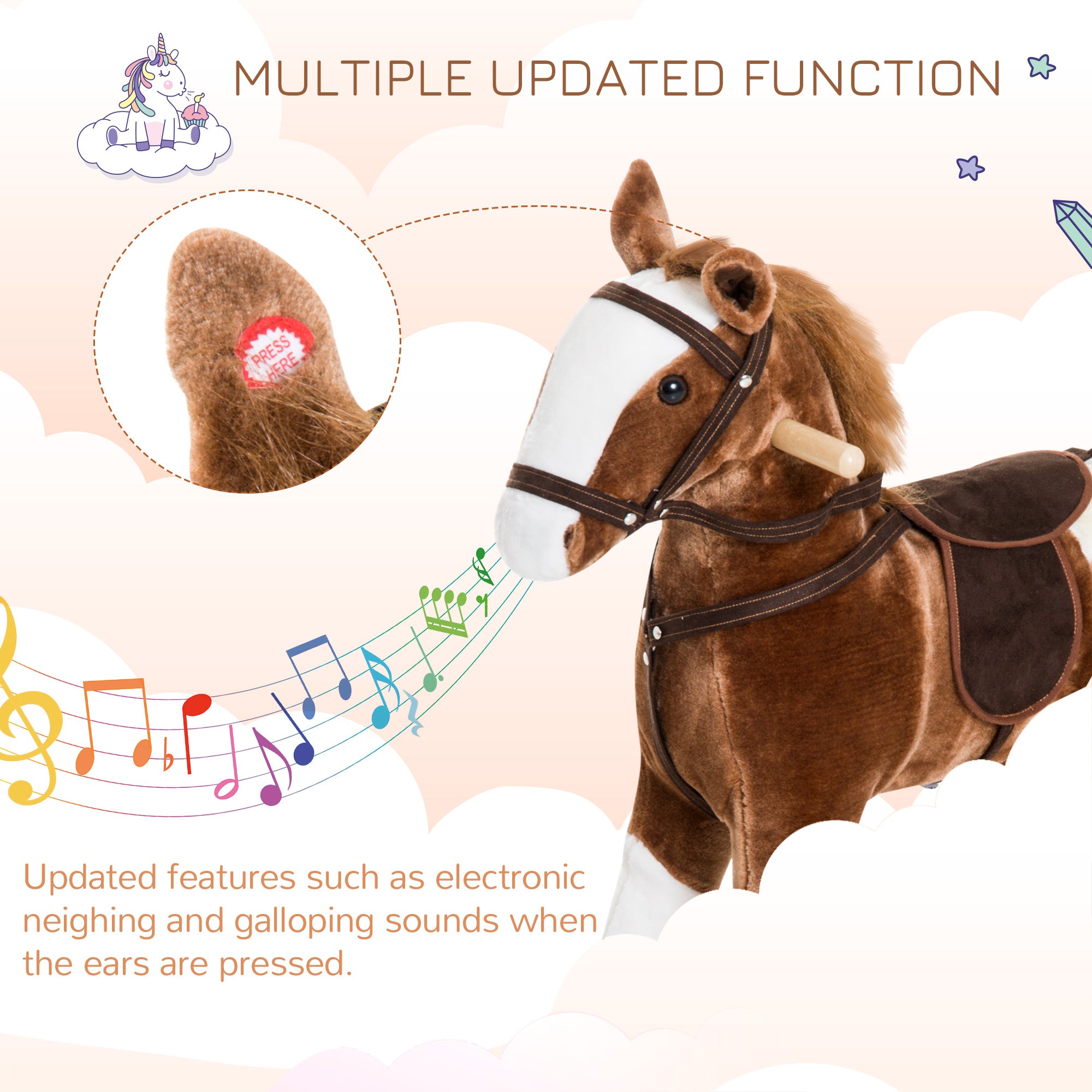 Qaba Baby Rocking Horse, Children Plush Animal Rocker, Kid Ride on Toy with Realistic Sound,  Handle Grip, Brown