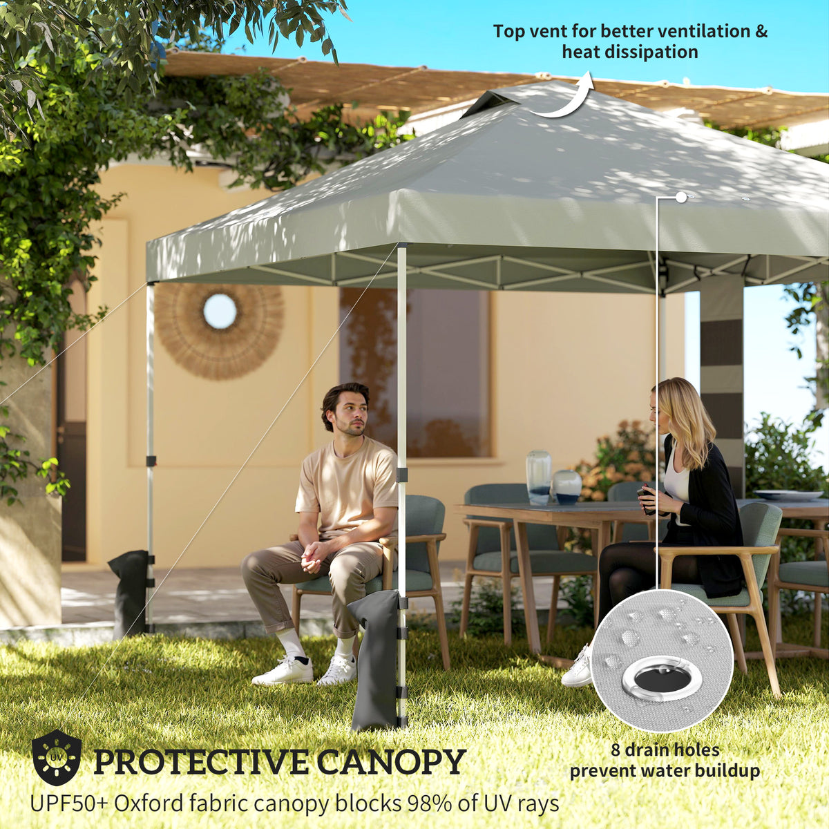 9.6 x 9.6 ft Pop Up Canopy Tent with Pockets, UPF 50+ 1-Button Push Outdoor Instant Canopy with Sandbags, Wheeled Bag
