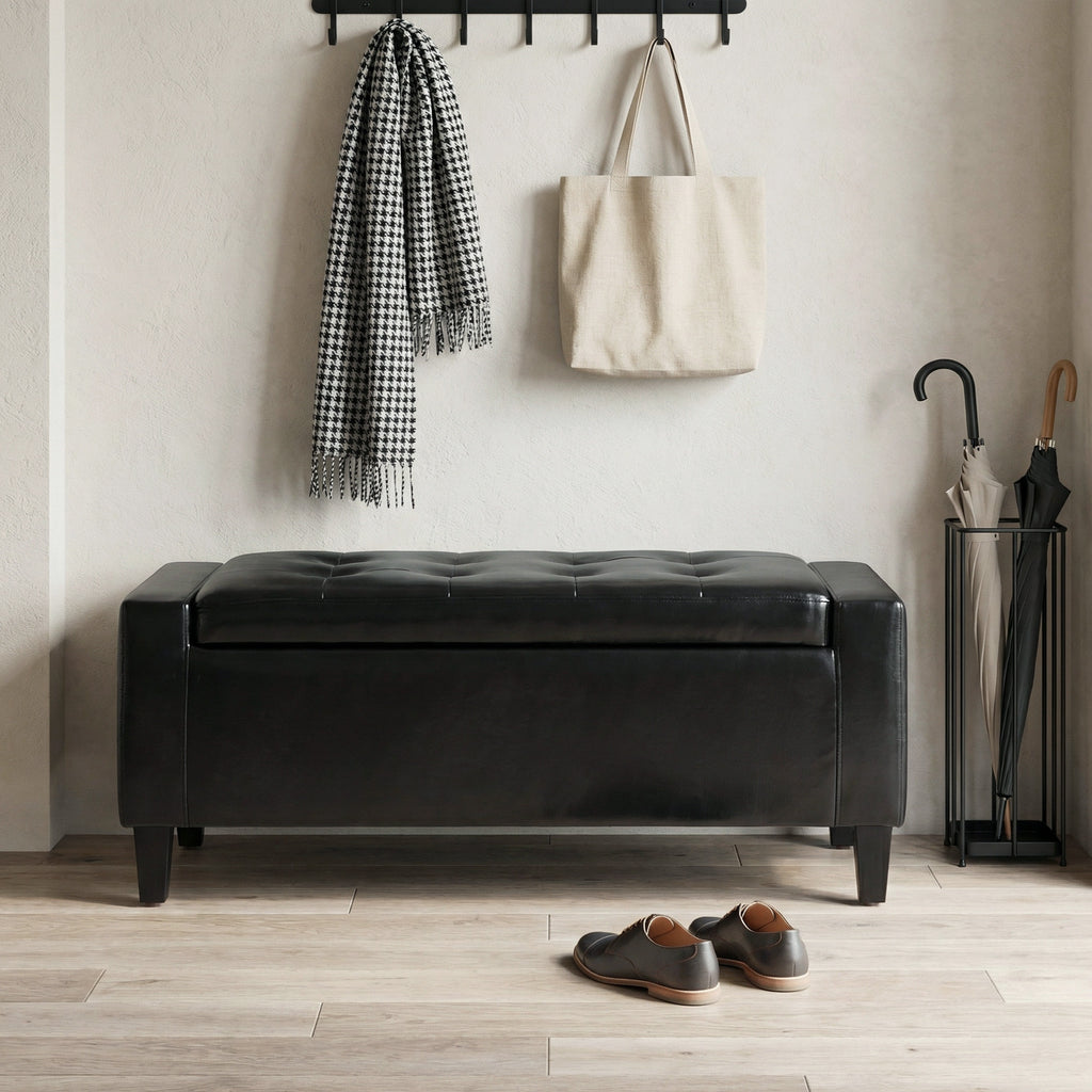 Storage Ottoman Bench, PU Leather Upholstered Bench with Tufted Design, Black