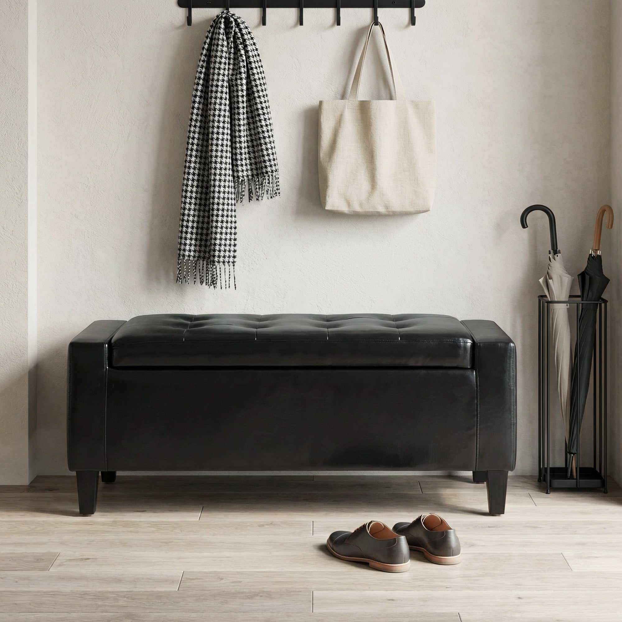 Storage Ottoman Bench, PU Leather Upholstered Bench with Tufted Design, Black