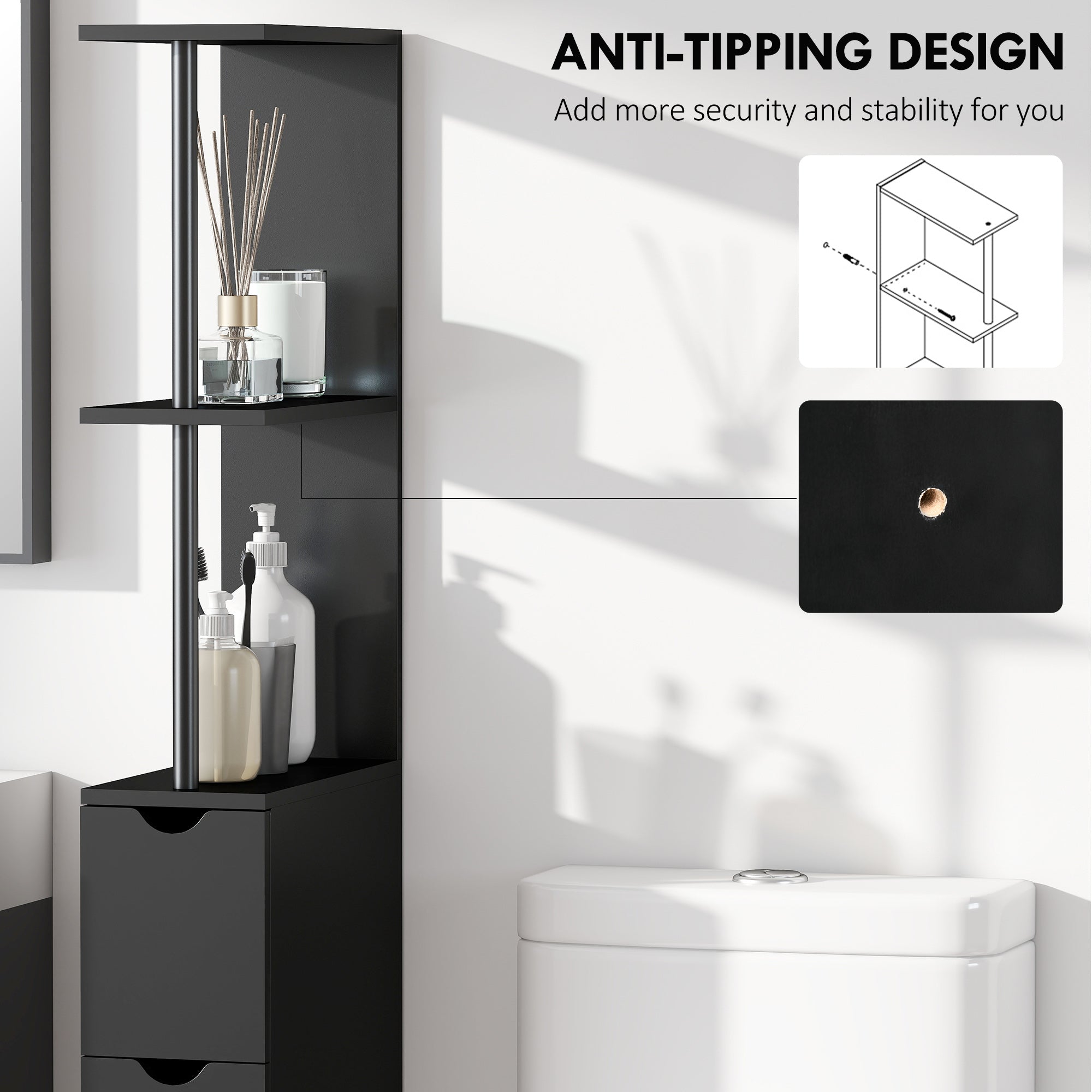 Tall Bathroom Storage Cabinet, Narrow Bathroom Cabinet with Drawers and Open Shelves for Small Spaces, Brown