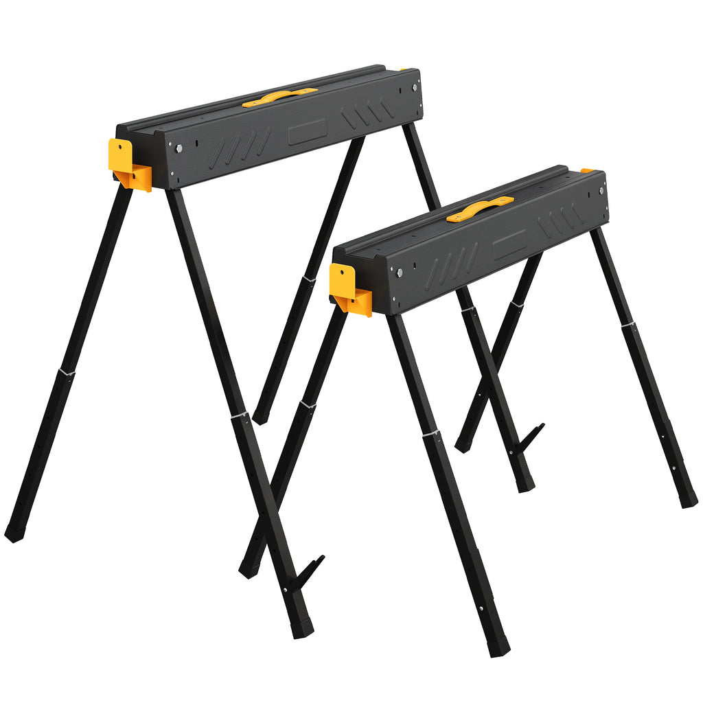 Mitre Saw Stands, Sawhorses with Height Adjustable Legs, 2x4 Bracket, Carry Handle, Black