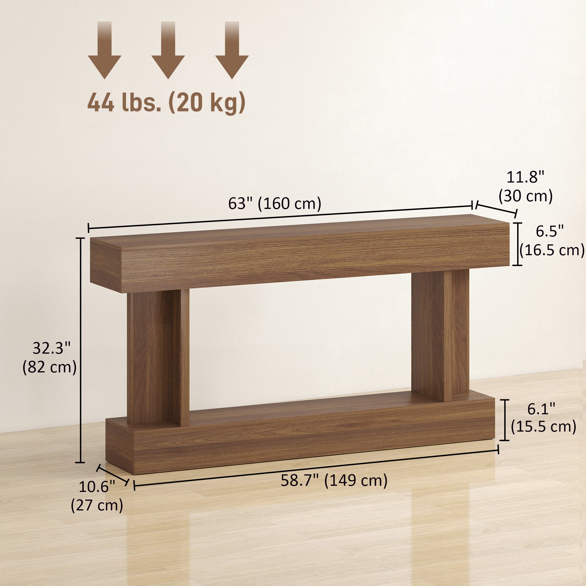 63 Inch Long Console Table, Vintage Narrow Entryway Table with Storage Shelf for Living Room and Hallway, Dark Brown