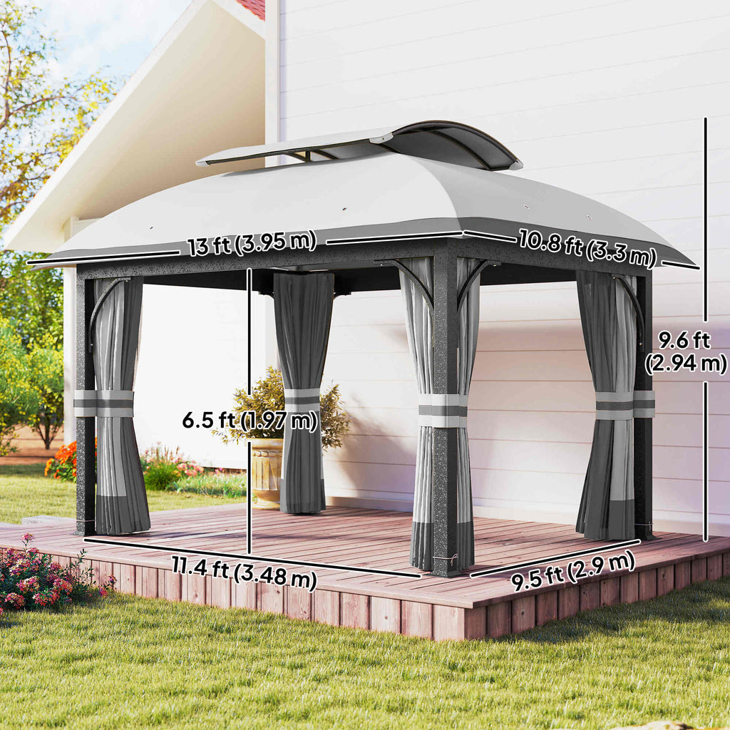 11' x 13' Patio Gazebo, Double Roof Outdoor Gazebo Canopy with Netting & Curtains, Galvanized Metal Frame, Light Grey