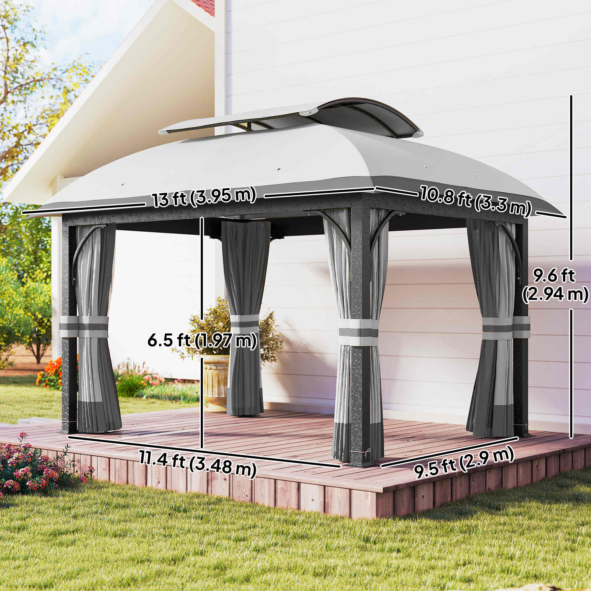 11' x 13' Patio Gazebo, Double Roof Outdoor Gazebo Canopy with Netting & Curtains, Galvanized Metal Frame, Light Grey