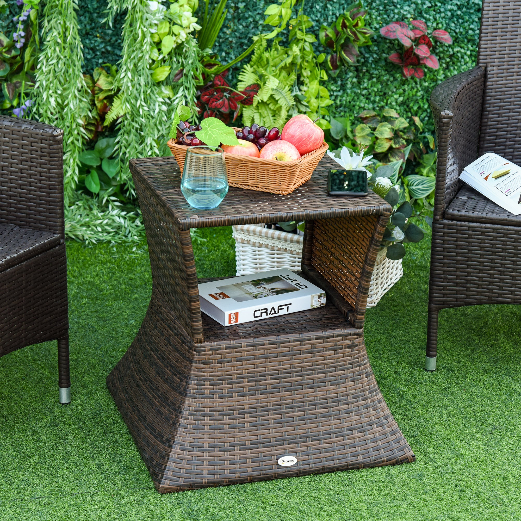 Rattan Wicker Side Table, 21.3" Square Outdoor End Table with Umbrella Hole 2-Tier Storage for Patio Garden Mixed Brown