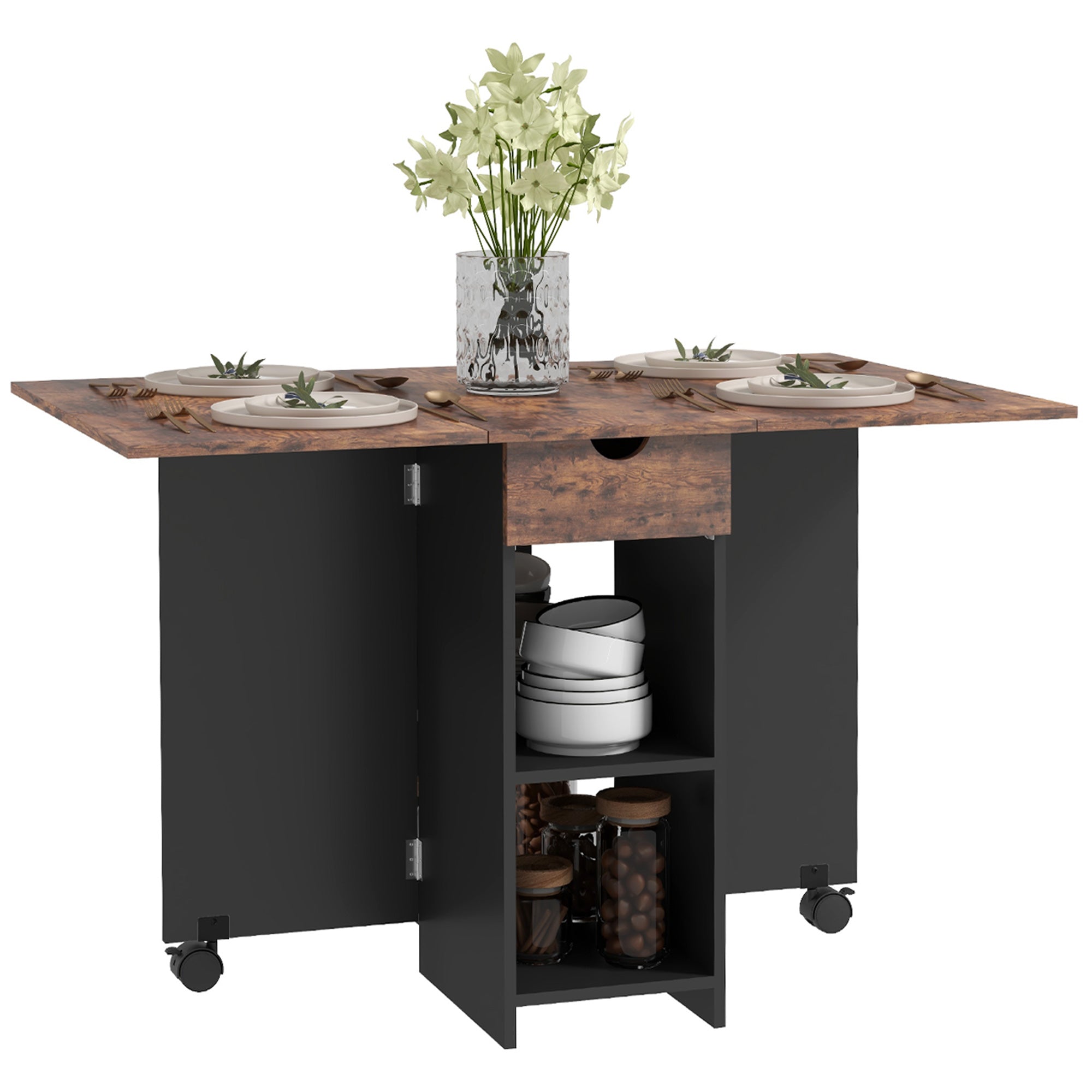 Folding Dining Table, Space Saving Drop Leaf Table with Drawer and Shelves for Kitchen, Dining Room, Rustic Brown