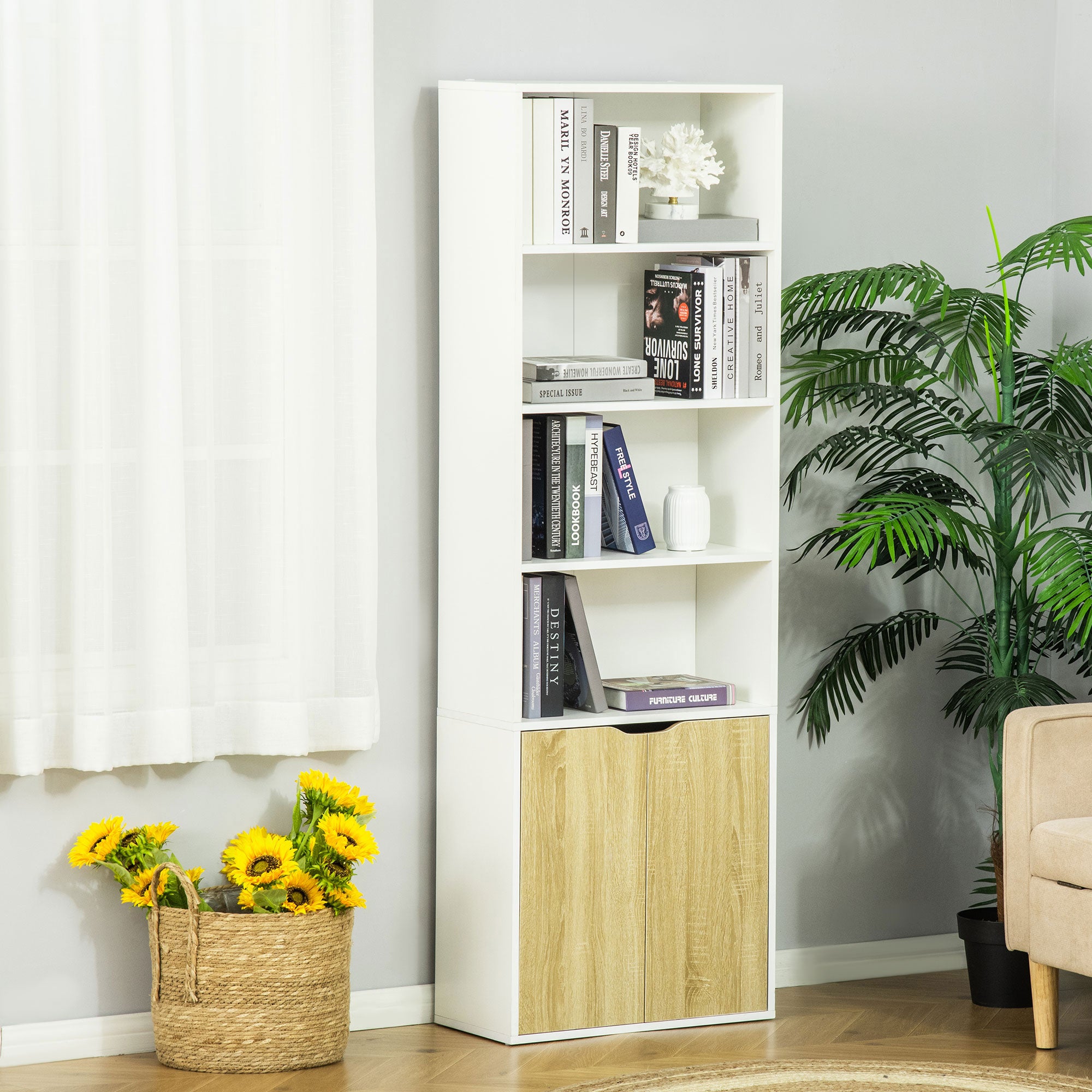4-Tier Open Bookshelf with Doors Modern Home Office Bookcase Storage Cabinet for Living Room Bathroom Study, Oak
