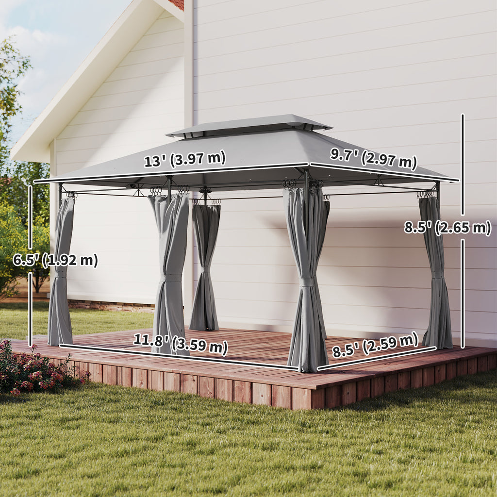 10' x 13' ድርብ ጣሪያ ዘለዎ ፓትዮ ጋዜቦ፣ ምስ መጋረጃታት ዝተዳለወ ደገዊ ጋዜቦ፣ ንኣታኽልቲ፣ ሳዕሪ፣ ድሕሪ ቤትን ዴክን፣ ጸሊም ቡናዊ