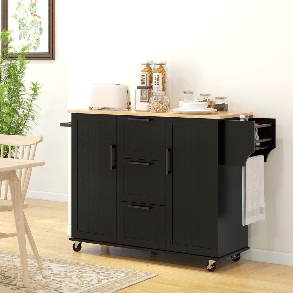 Rolling Kitchen Cart on Wheels with Drop Leaf, Kitchen Island with 3 Drawers, Solid Wood Top and Towel Rack, White