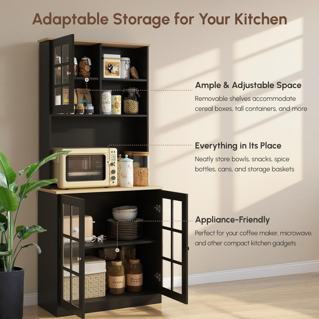 Kitchen Buffet with Hutch, Storage Pantry with 3 Cabinets, 2 Open Shelves and Large Countertop, Black