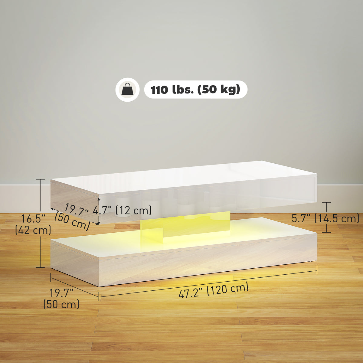 Coffee Table with Adjustable LED Lights, Modern Living Room Table with 2 Drawers, Open Shelf, Remote, High Gloss White
