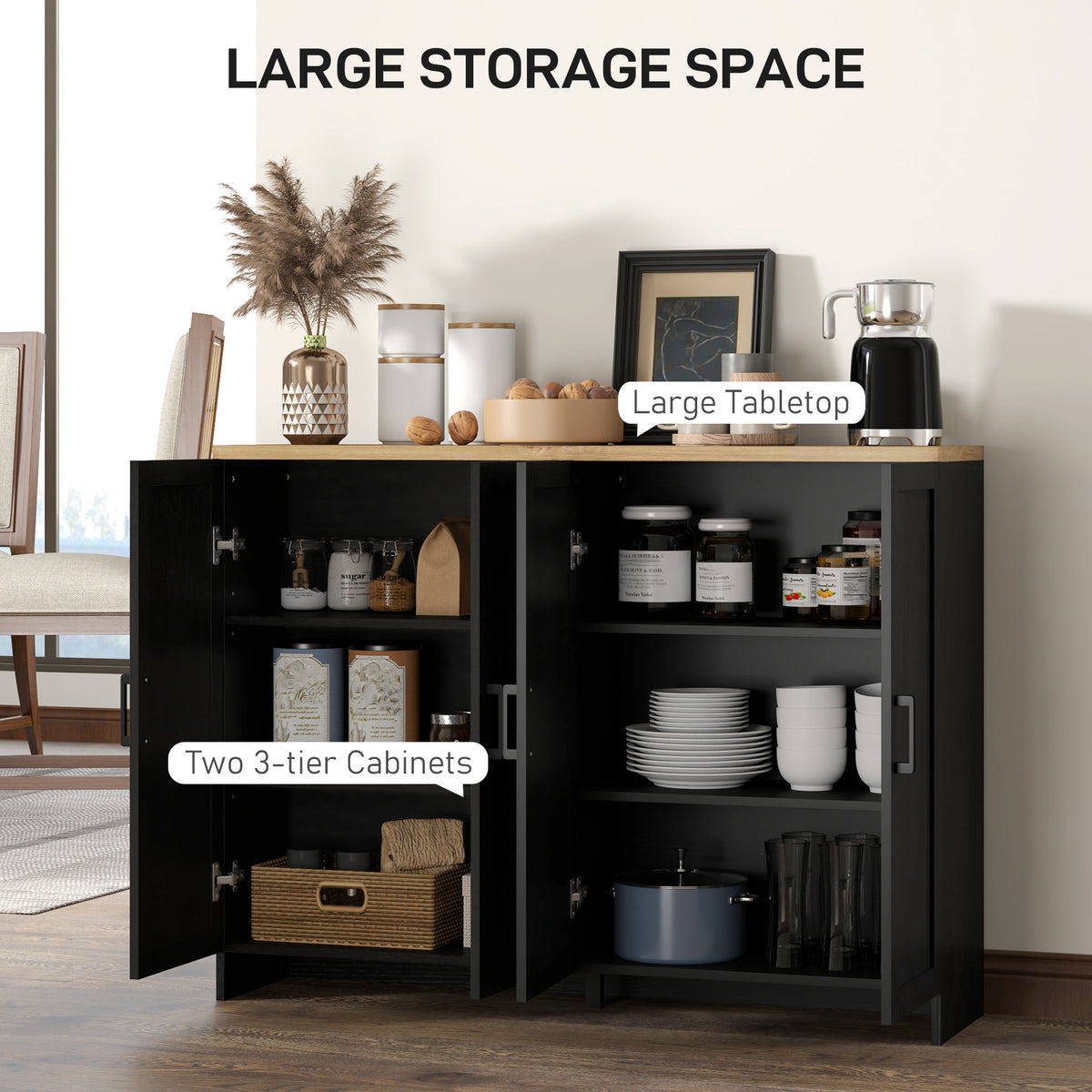 Modern Sideboard Buffet Cabinet, Modern Kitchen Storage Cabinet with 3 Doors Adjustable Shelves, for Dining Room, Black