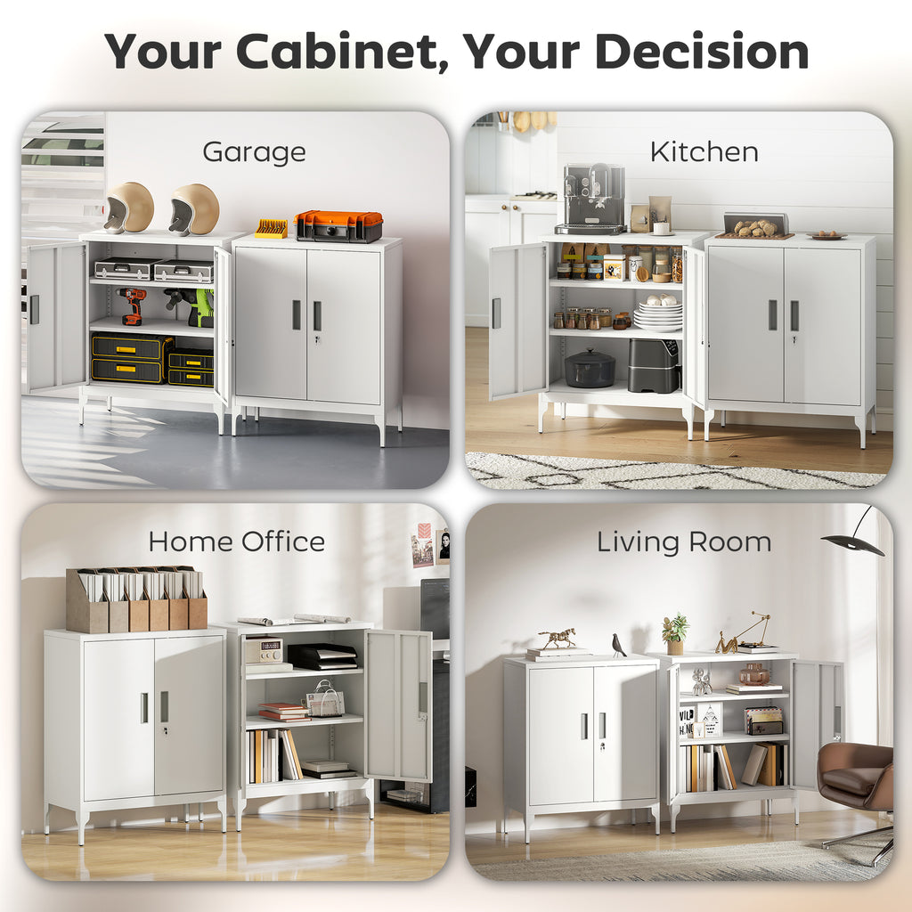 Office Storage Cabinet with Lock, Filing Cabinet with Adjustable Shelves and Doors for Home Office, Garage, White