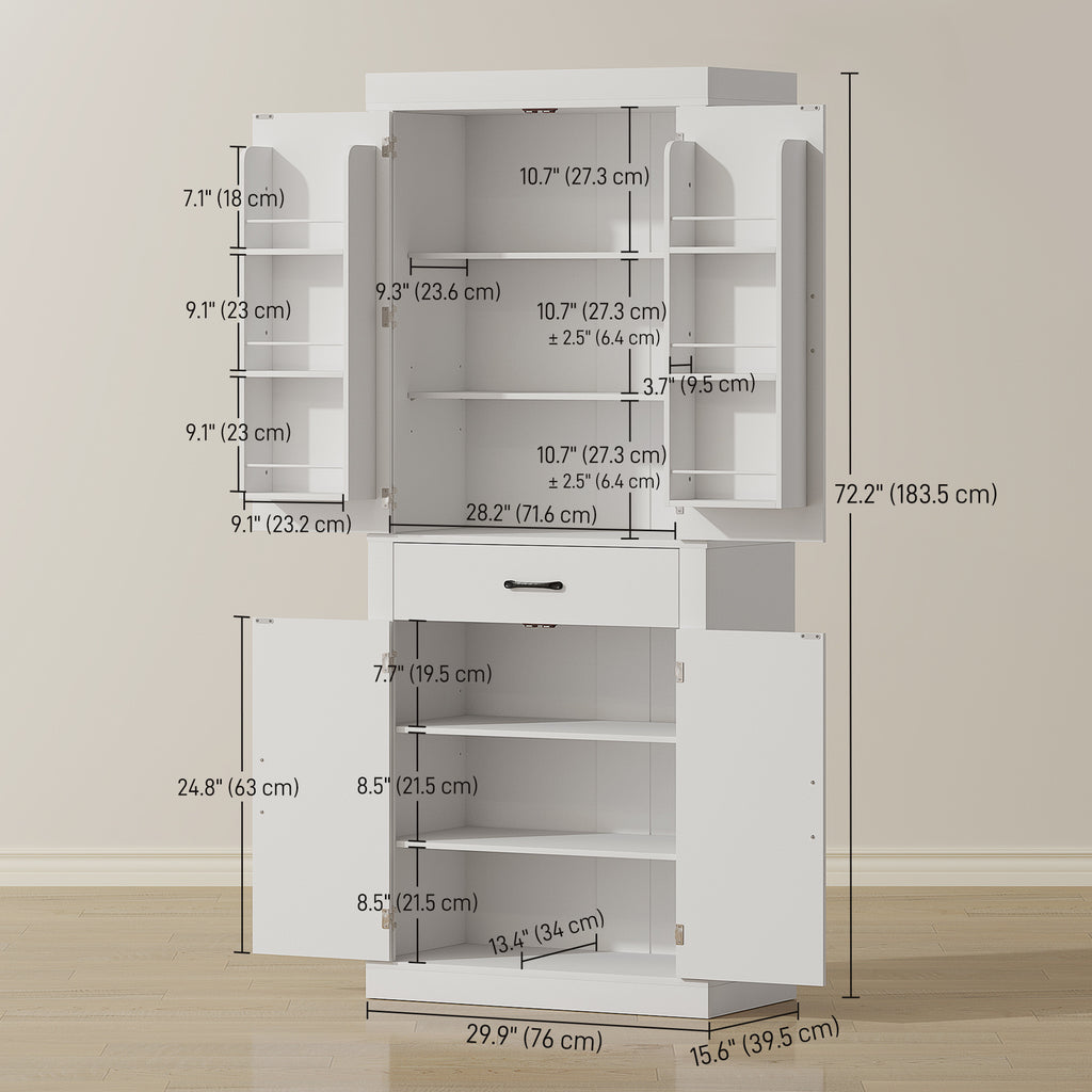 72" ክዳን መጋዘን ካቢኔት፣ ገበሬ ቤት ክዳን መጋዘን ካቢኔት ምስ 4 ኣብራር ደጋታት፣ 6 ደጋታት መደርደሪ፣ መሳልብ፣ ጸሊም