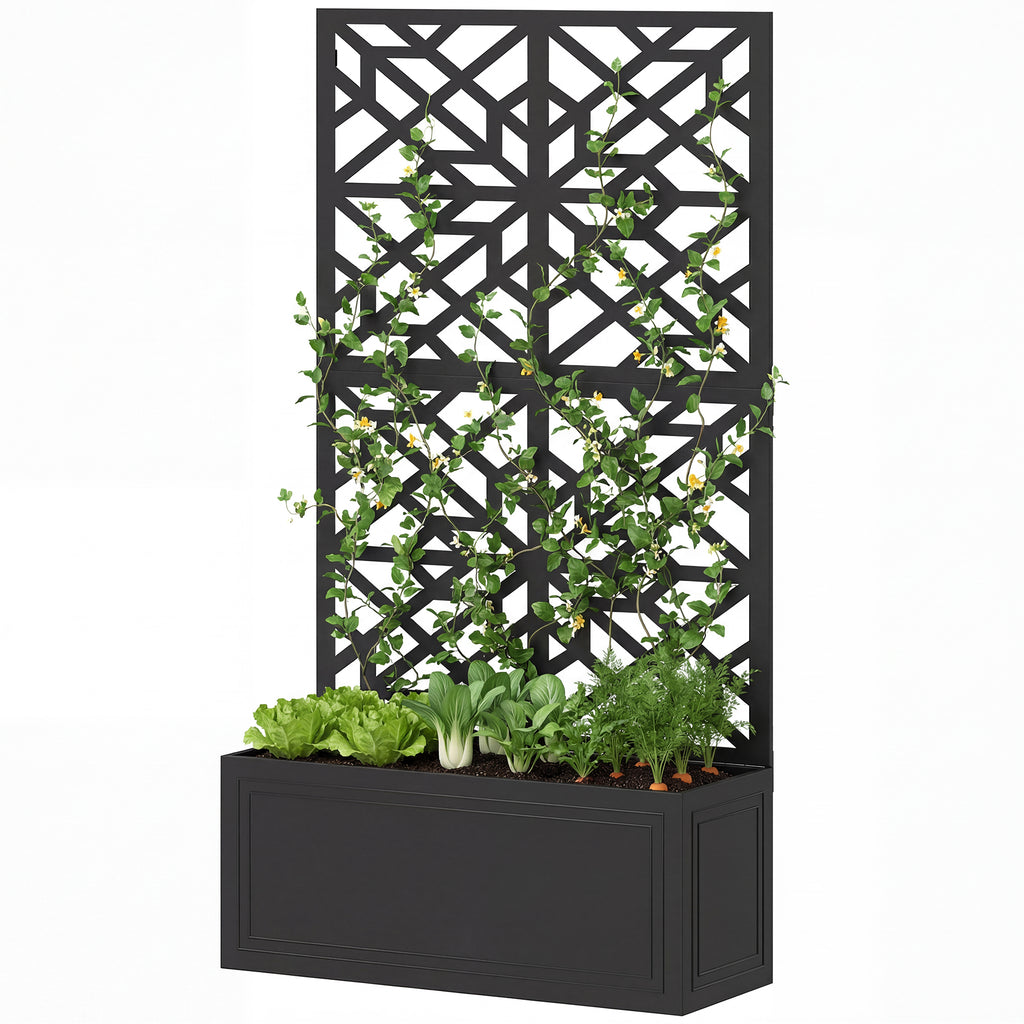 Metal Raised Garden Bed with Trellis for Climbing Plants, Freestanding or Wall Mounted Flower Bed with Privacy Panel