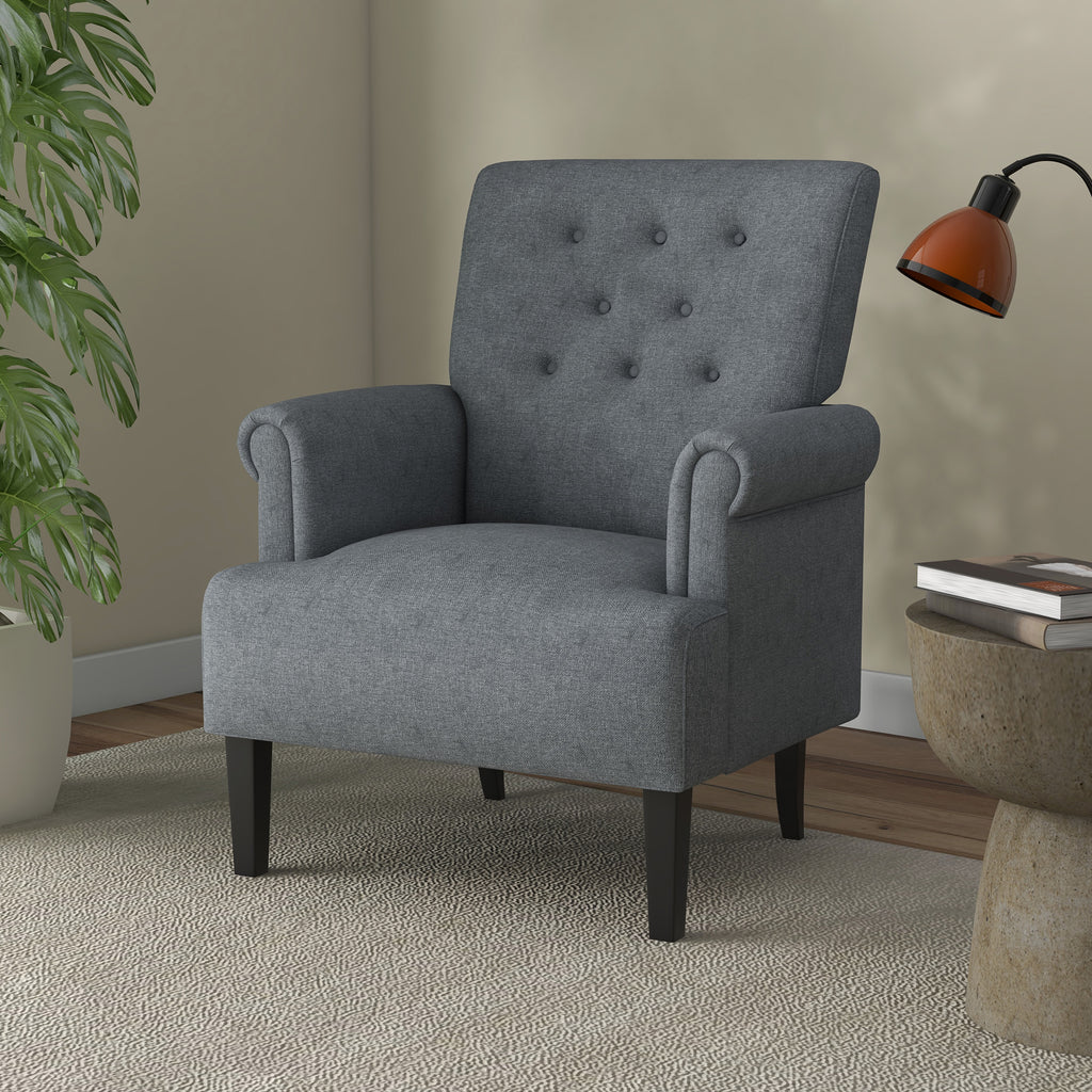 Armchair, Fabric Accent Chair, Modern Living Room Chair with Wood Legs and Rolled Arms for Bedroom, Grey