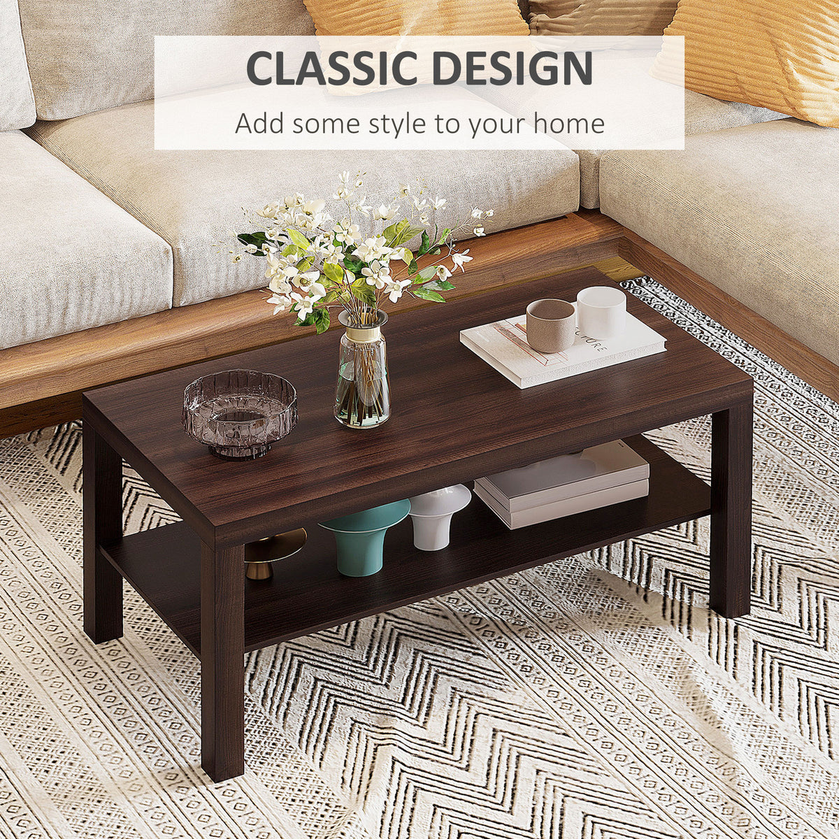 2 Tier Coffee Table with Storage Shelf, Rectangular Center Table for Living Room, Home Office Furniture Walnut
