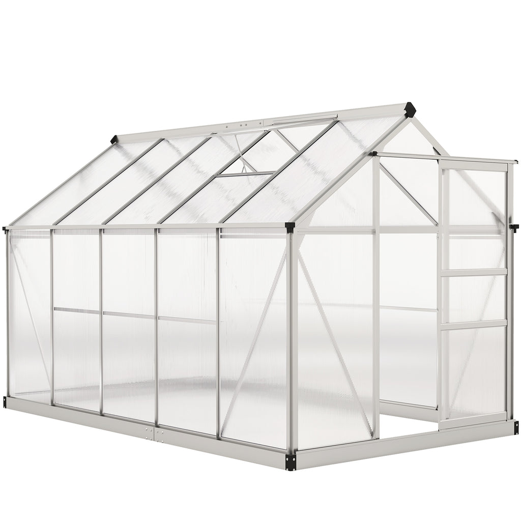 دفيئة بولي كربونات 6' × 10' × 6.6'، طقم دفيئة قائم بذاته للحديقة، لنمو النباتات، إطار من الألومنيوم المجلفن مع مزاريب للمطر، وفتحات تهوية وباب منزلق، فضي
