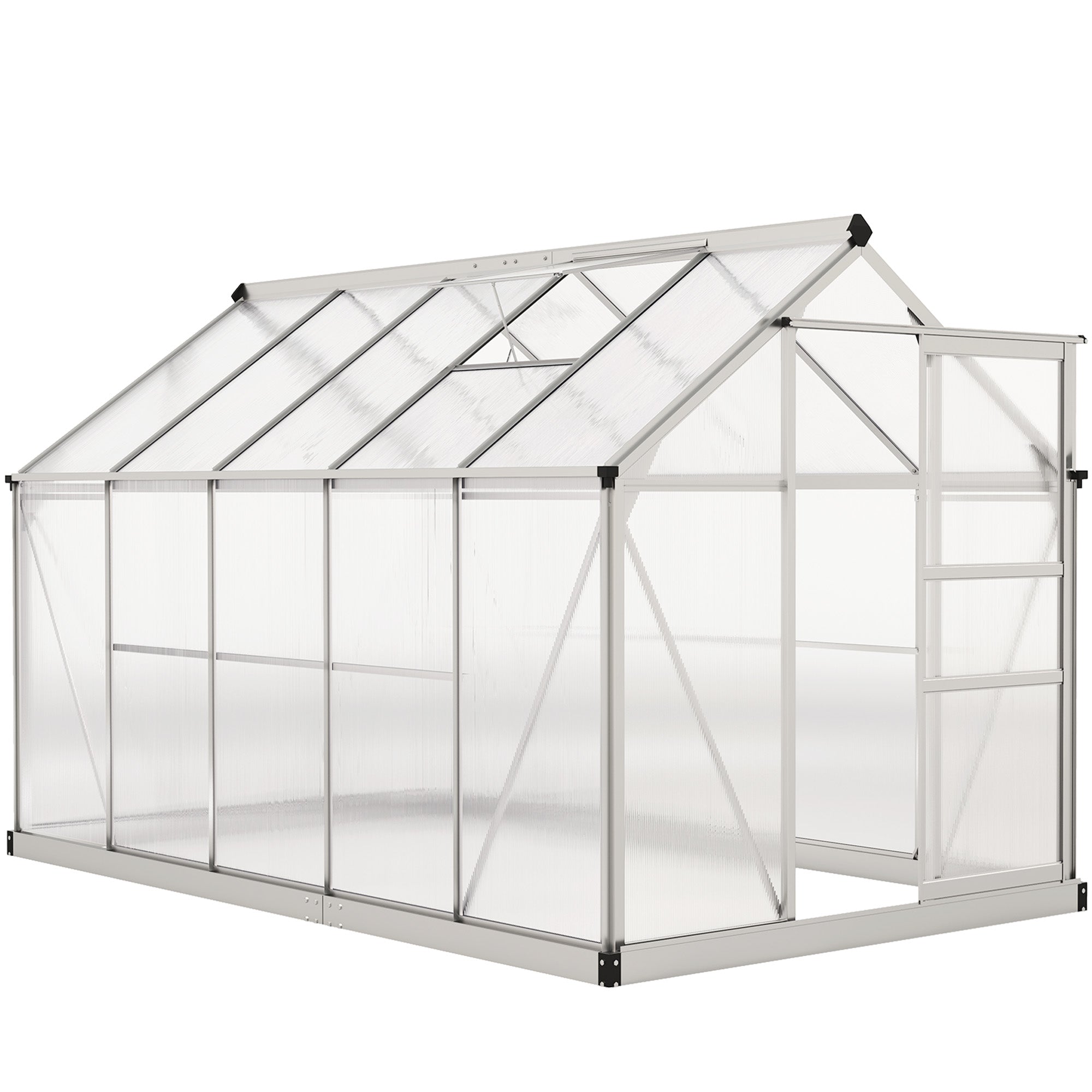دفيئة بولي كربونات 6' × 10' × 6.6'، طقم دفيئة قائم بذاته للحديقة، لنمو النباتات، إطار من الألومنيوم المجلفن مع مزاريب للمطر، وفتحات تهوية وباب منزلق، فضي