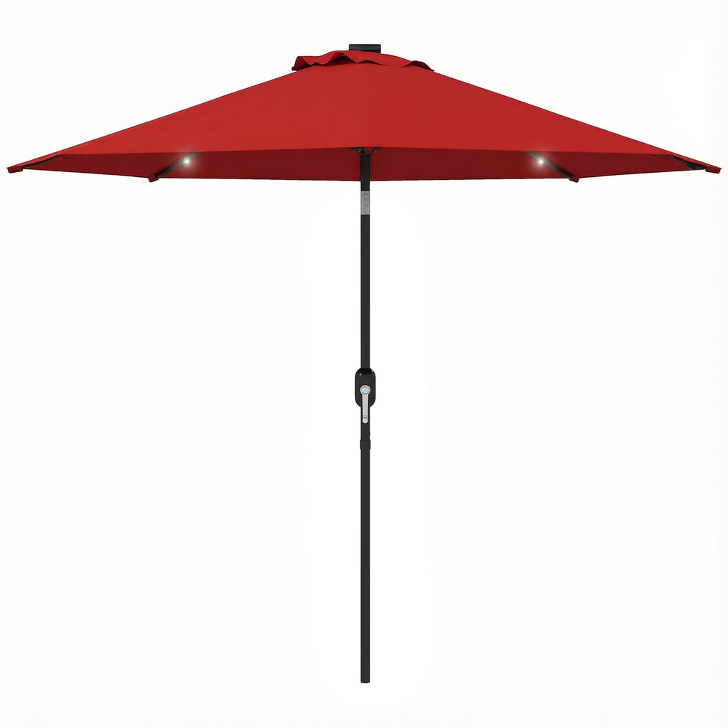 9ft Solar Patio Umbrella Outdoor Sunshade 24 LED Lights Tilt Canopy, Wine Red