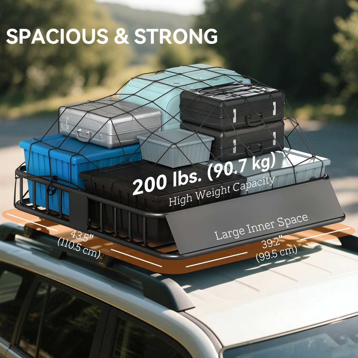 Universal Roof Rack Basket, 200lbs Steel Roof Rack Cargo Carrier with Wind Fairing, Side Rails, 43.5"x39.2"x7.3", Black
