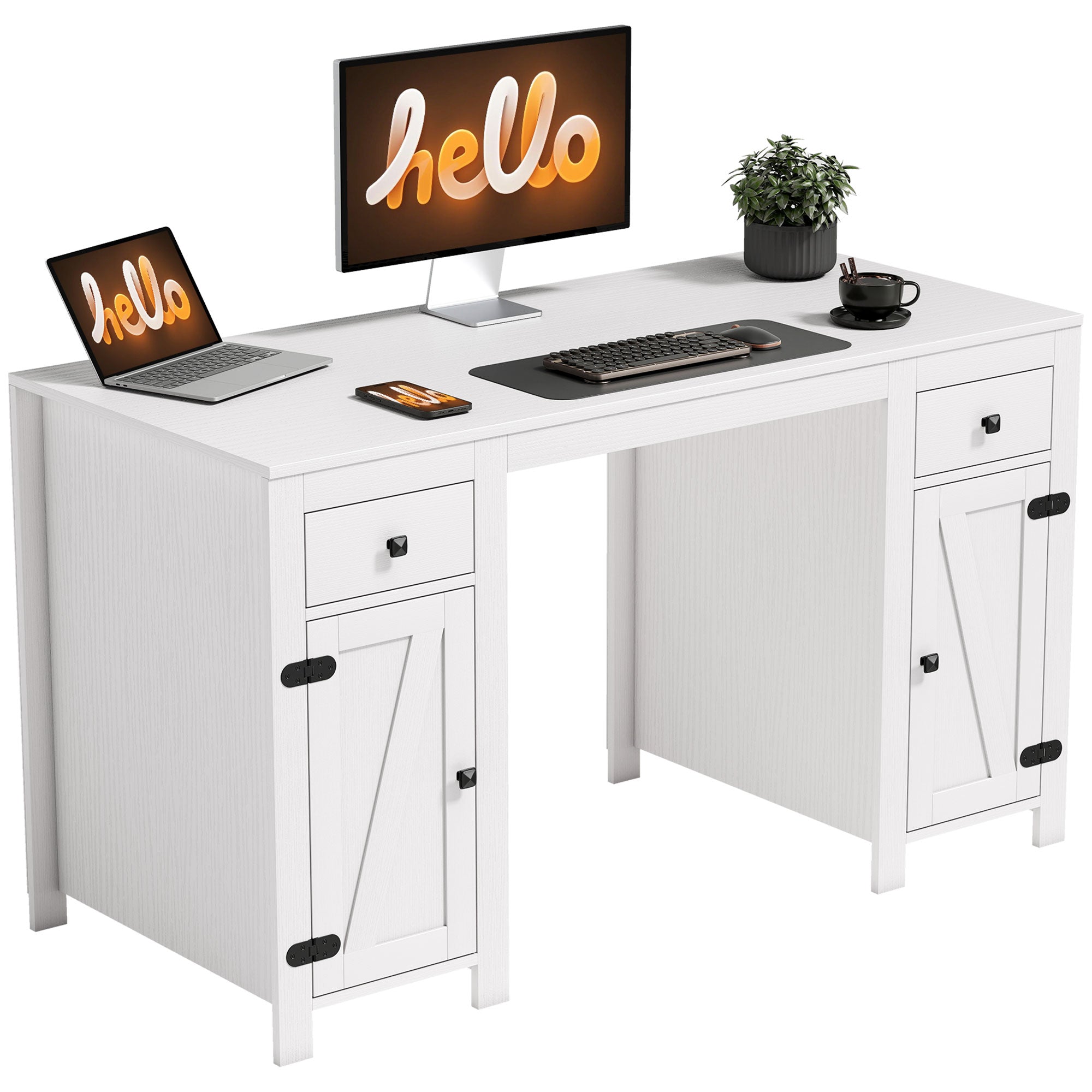 53" Farmhouse Executive Desk, Computer Desk with Drawers and 2 Cabinets, Study Table for Home Office, Black Wood Grain