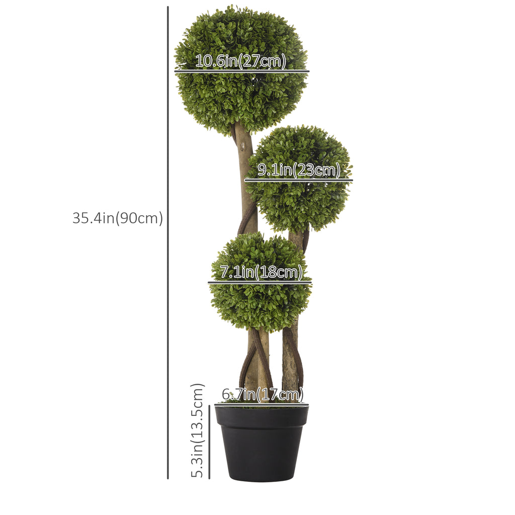 35 Inch Potted Fake Plant, Artificial Boxwood Topiary Tree, Triple Ball Tree for Indoor and Outdoor, Green