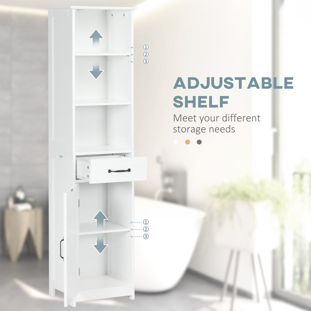 Modern Bathroom Cabinet, Narrow Bathroom Vanities with 3 Open Shelves, Drawer and Adjustable Shelf, White