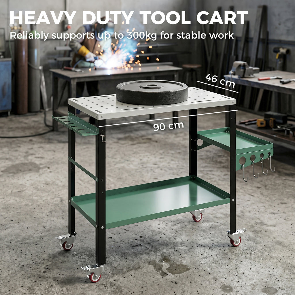 2Tier Rolling Welding Table, Lockable Steel Heavy Duty Welding Workbench Table with Side Tray, Silver & Green