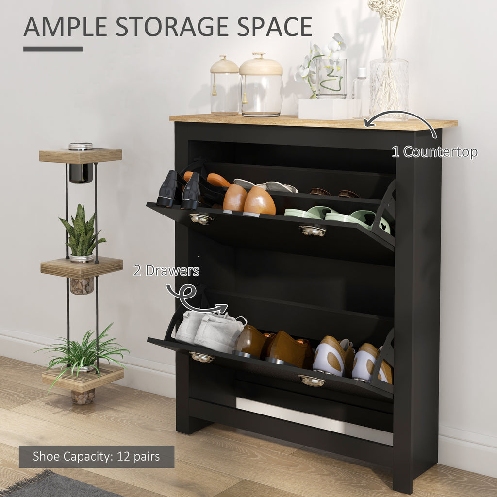 Small Shoe Cabinet with 2 Flip Drawers and Adjustable Shelves, 12 Pair Shoe Storage Organizer for Hallway, Black