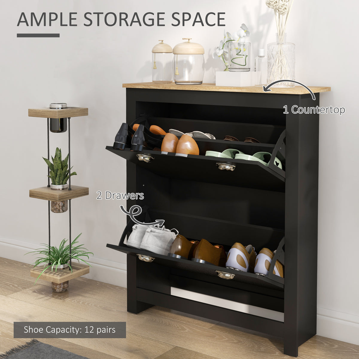 Small Shoe Cabinet with 2 Flip Drawers and Adjustable Shelves, 12 Pair Shoe Storage Organizer for Hallway, Black