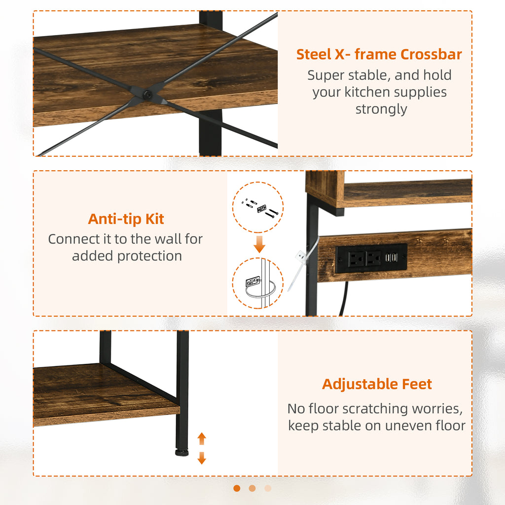 Baker's Rack with Charing Station, Microwave Shelf with Power Outlet, USB Charger and 5 Hooks, Rustic Brown
