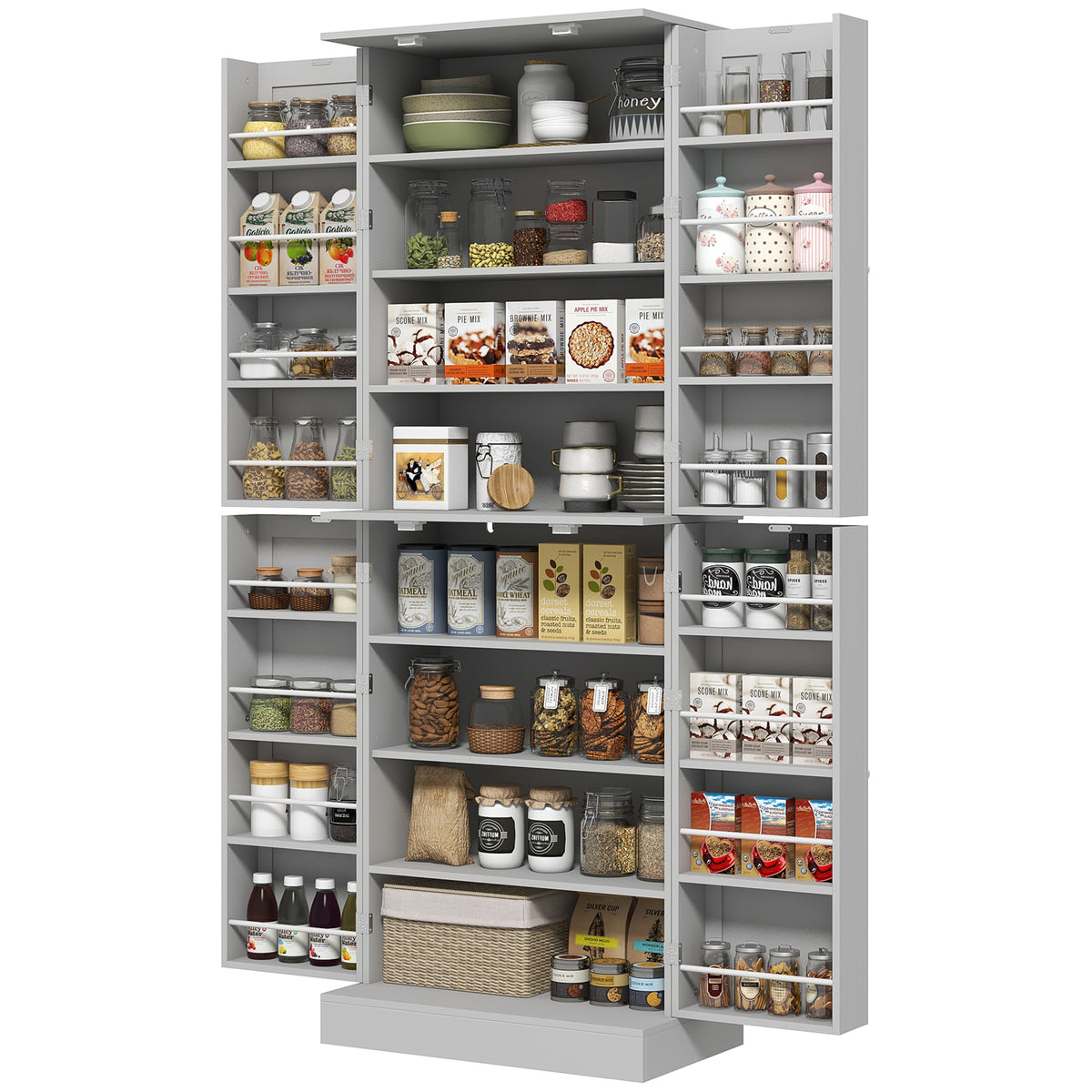 65" Kitchen Cabinet, Kitchen Pantry Cabinet with 4 Doors and 16 Door Shelves for Dining Room, White